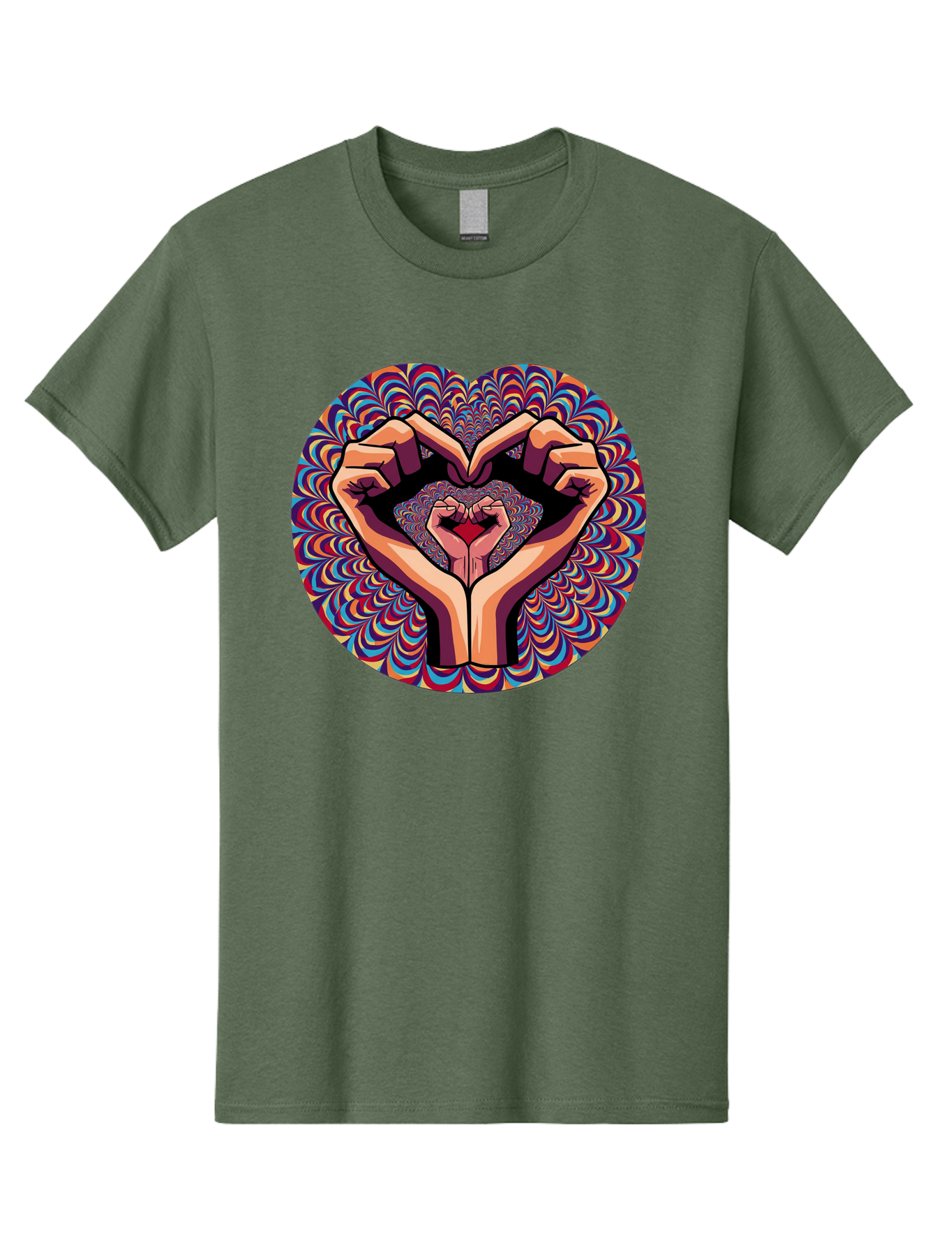 Hands-Forming-Heart-5 Men'S Graphic Tee, 100% Cotton, Comfortable Casual Summer Wear, Machine Washable, Hands Forming A Heart Shape, Psychedelic Art, Rainbow Colors, Vibrant Patterns, Love Symbol, Hand Gesture, Artistic Expression, Bac026