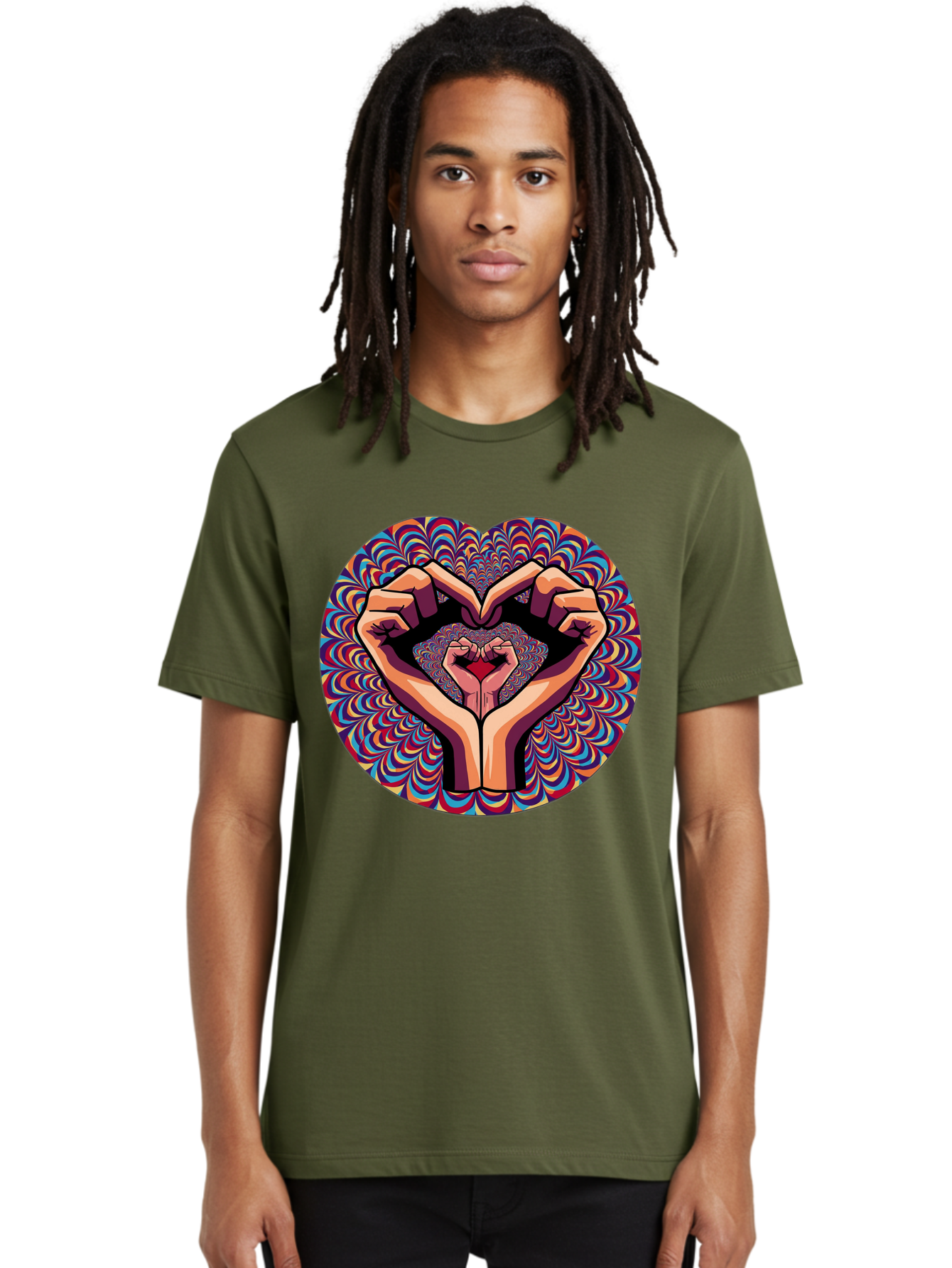 Hands-Forming-Heart-5 Men'S Graphic Tee, 100% Cotton, Comfortable Casual Summer Wear, Machine Washable, Hands Forming A Heart Shape, Psychedelic Art, Rainbow Colors, Vibrant Patterns, Love Symbol, Hand Gesture, Artistic Expression, Bac026