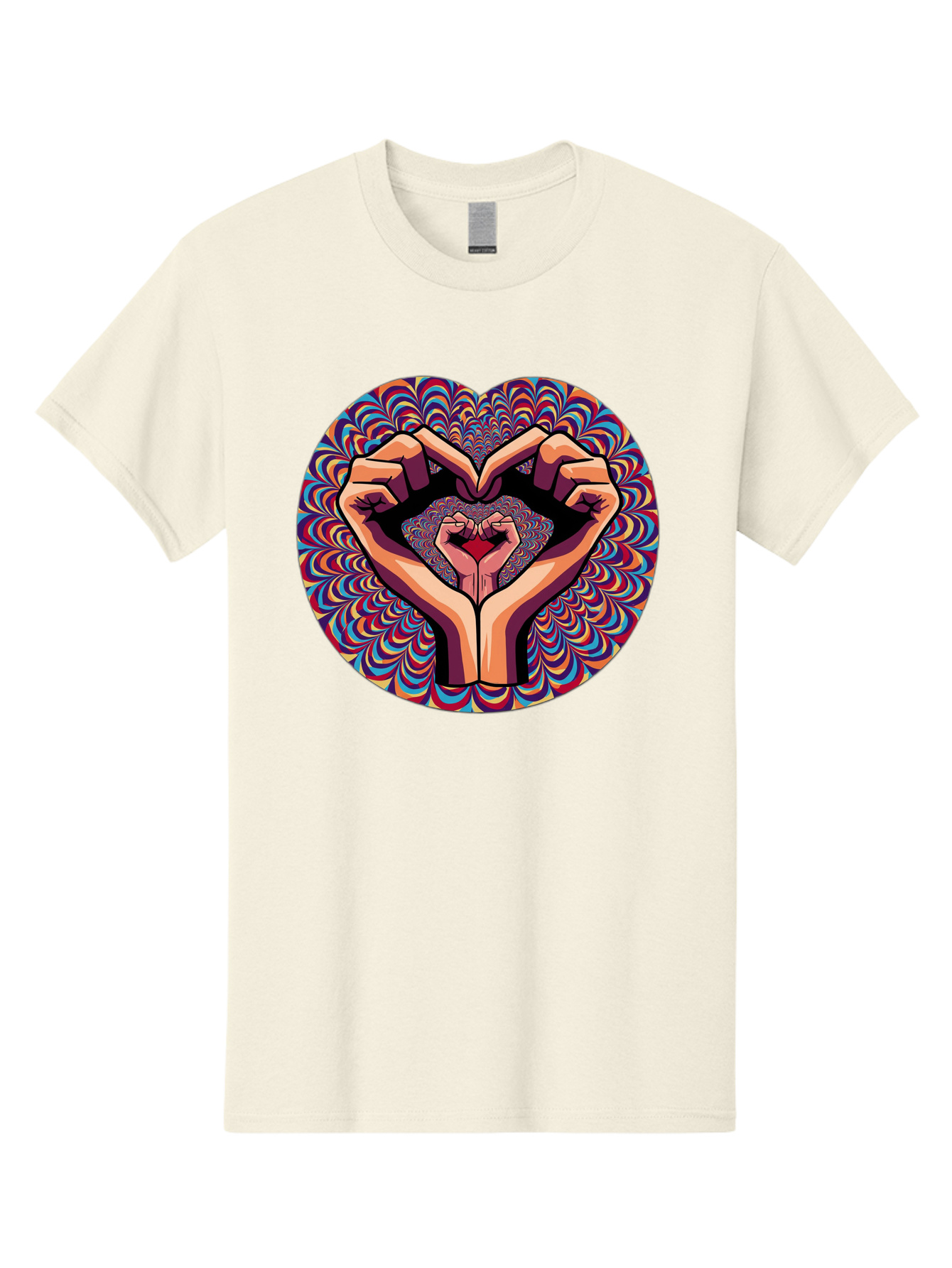 Hands-Forming-Heart-5 Men'S Graphic Tee, 100% Cotton, Comfortable Casual Summer Wear, Machine Washable, Hands Forming A Heart Shape, Psychedelic Art, Rainbow Colors, Vibrant Patterns, Love Symbol, Hand Gesture, Artistic Expression, Bac026