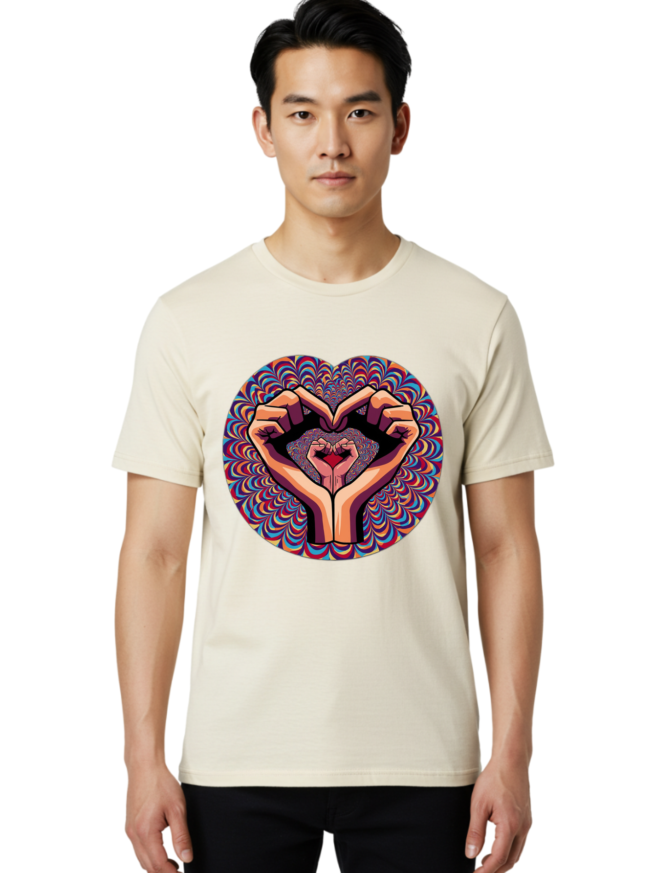 Hands-Forming-Heart-5 Men'S Graphic Tee, 100% Cotton, Comfortable Casual Summer Wear, Machine Washable, Hands Forming A Heart Shape, Psychedelic Art, Rainbow Colors, Vibrant Patterns, Love Symbol, Hand Gesture, Artistic Expression, Bac026