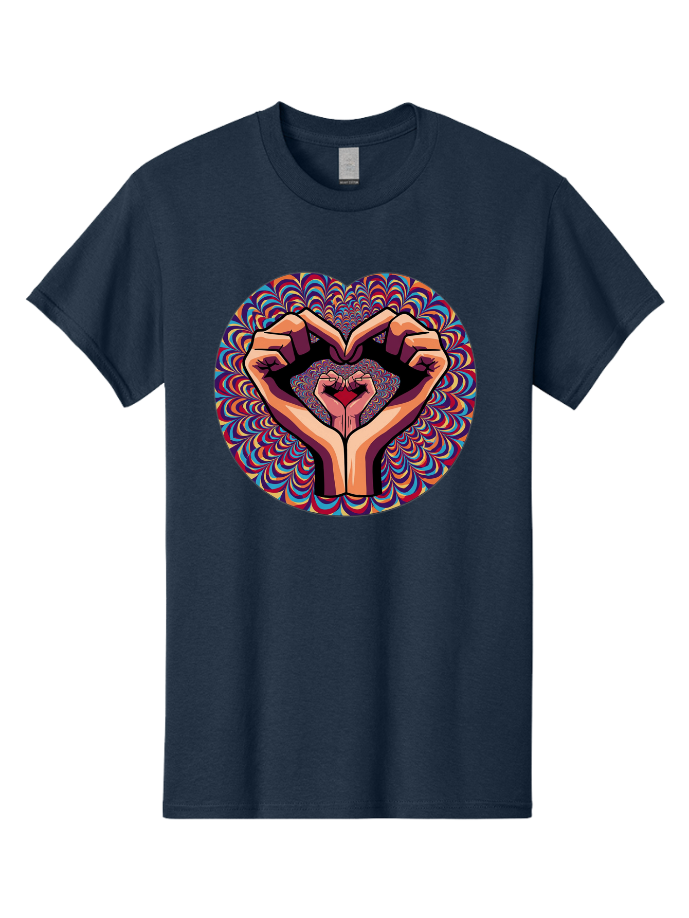Hands-Forming-Heart-5 Men'S Graphic Tee, 100% Cotton, Comfortable Casual Summer Wear, Machine Washable, Hands Forming A Heart Shape, Psychedelic Art, Rainbow Colors, Vibrant Patterns, Love Symbol, Hand Gesture, Artistic Expression, Bac026