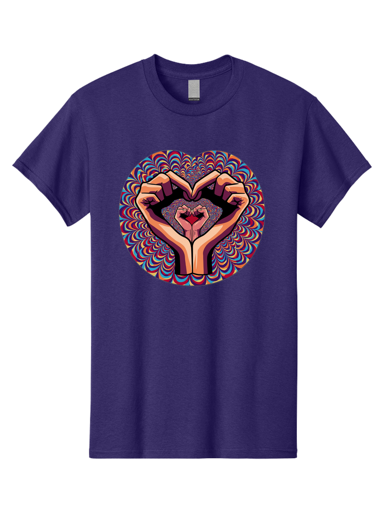 Hands-Forming-Heart-5 Men'S Graphic Tee, 100% Cotton, Comfortable Casual Summer Wear, Machine Washable, Hands Forming A Heart Shape, Psychedelic Art, Rainbow Colors, Vibrant Patterns, Love Symbol, Hand Gesture, Artistic Expression, Bac026