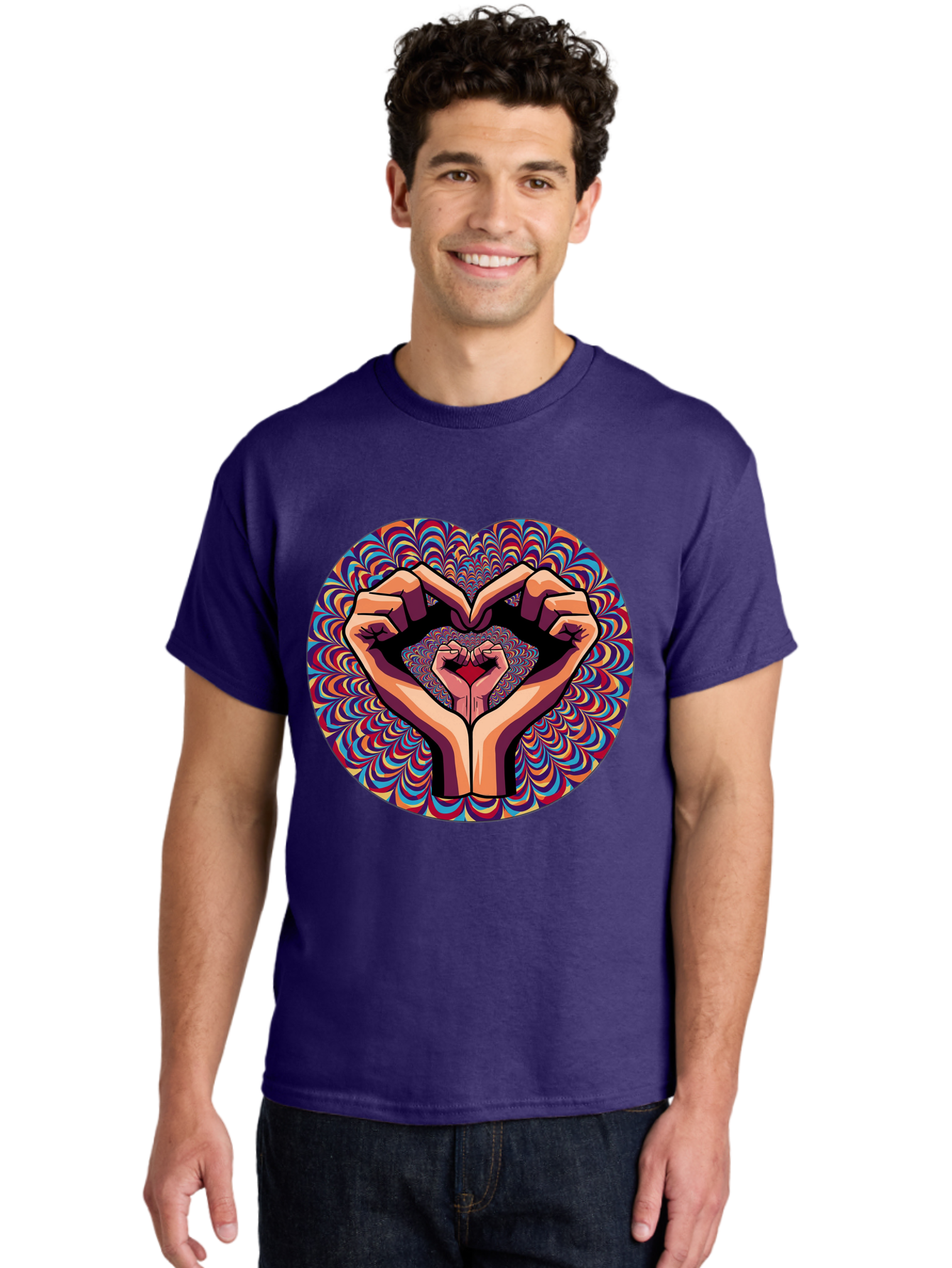 Hands-Forming-Heart-5 Men'S Graphic Tee, 100% Cotton, Comfortable Casual Summer Wear, Machine Washable, Hands Forming A Heart Shape, Psychedelic Art, Rainbow Colors, Vibrant Patterns, Love Symbol, Hand Gesture, Artistic Expression, Bac026