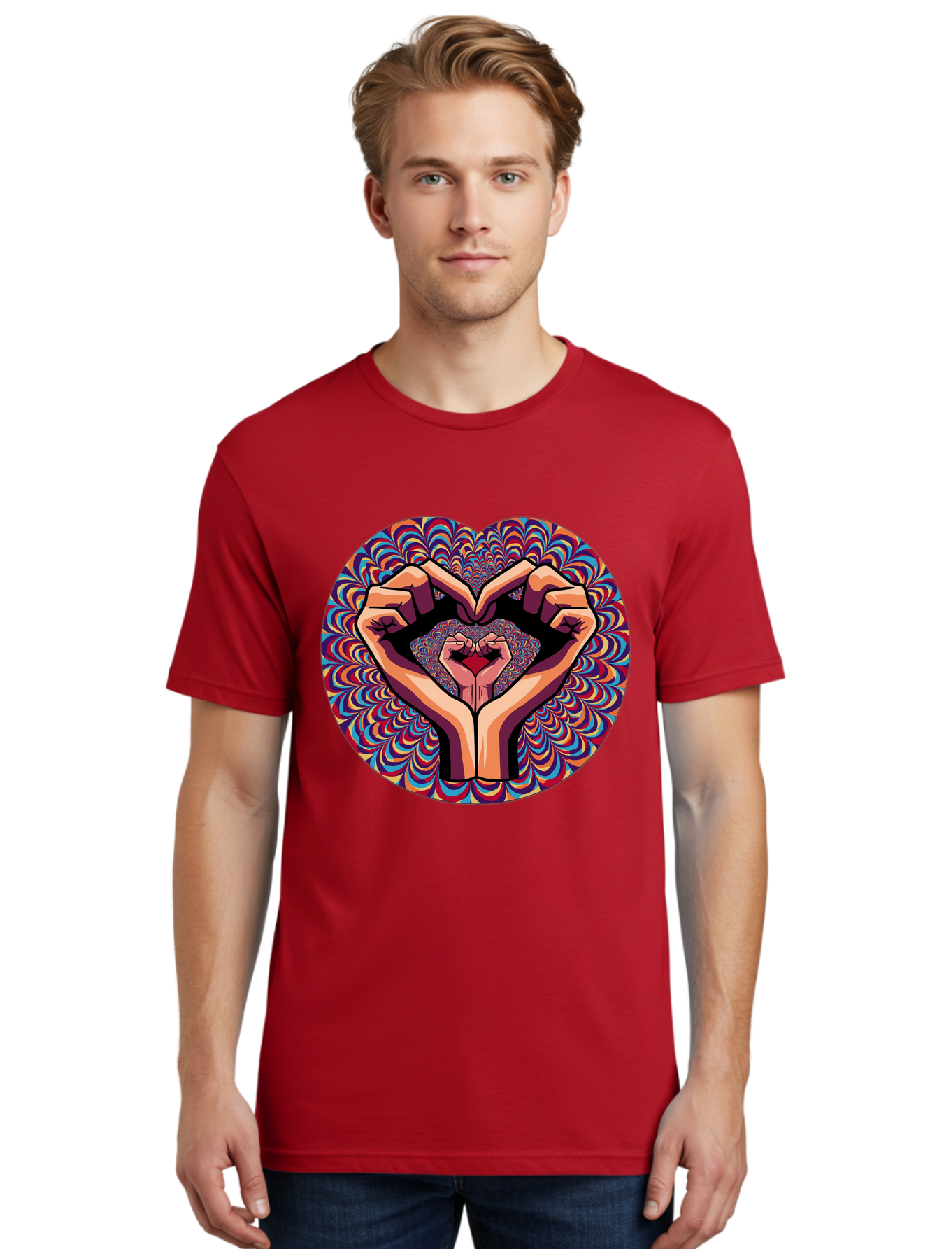 Hands-Forming-Heart-5 Men'S Graphic Tee, 100% Cotton, Comfortable Casual Summer Wear, Machine Washable, Hands Forming A Heart Shape, Psychedelic Art, Rainbow Colors, Vibrant Patterns, Love Symbol, Hand Gesture, Artistic Expression, Bac026