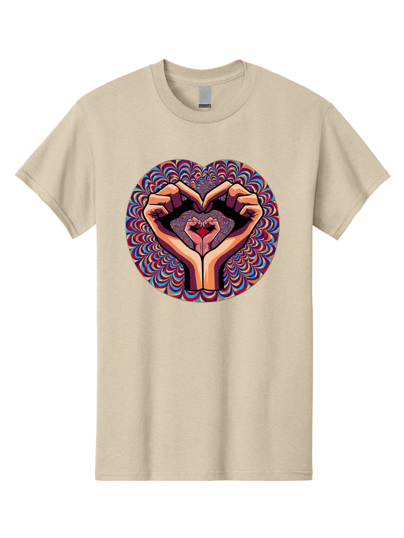 Hands-Forming-Heart-5 Men'S Graphic Tee, 100% Cotton, Comfortable Casual Summer Wear, Machine Washable, Hands Forming A Heart Shape, Psychedelic Art, Rainbow Colors, Vibrant Patterns, Love Symbol, Hand Gesture, Artistic Expression, Bac026