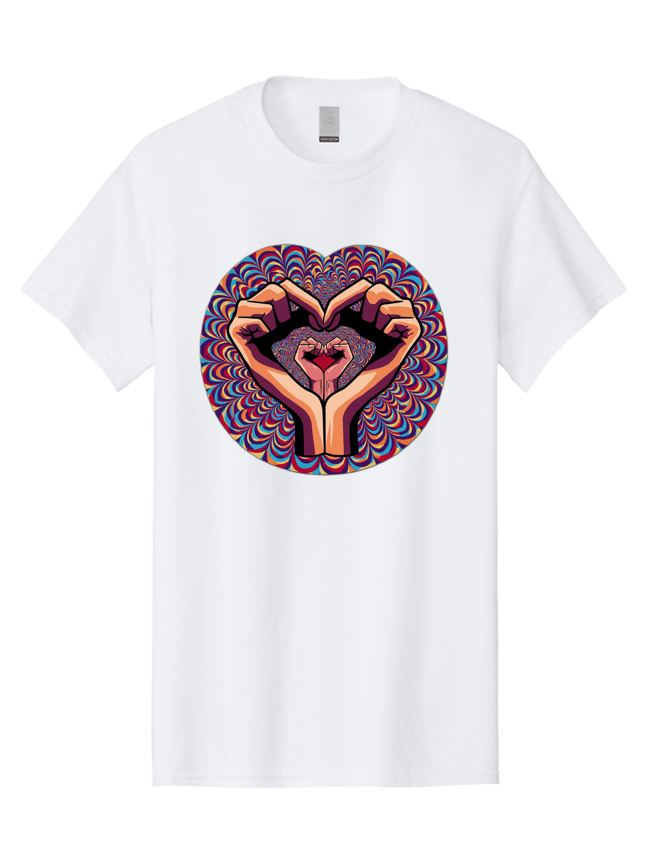 Hands-Forming-Heart-5 Men'S Graphic Tee, 100% Cotton, Comfortable Casual Summer Wear, Machine Washable, Hands Forming A Heart Shape, Psychedelic Art, Rainbow Colors, Vibrant Patterns, Love Symbol, Hand Gesture, Artistic Expression, Bac026