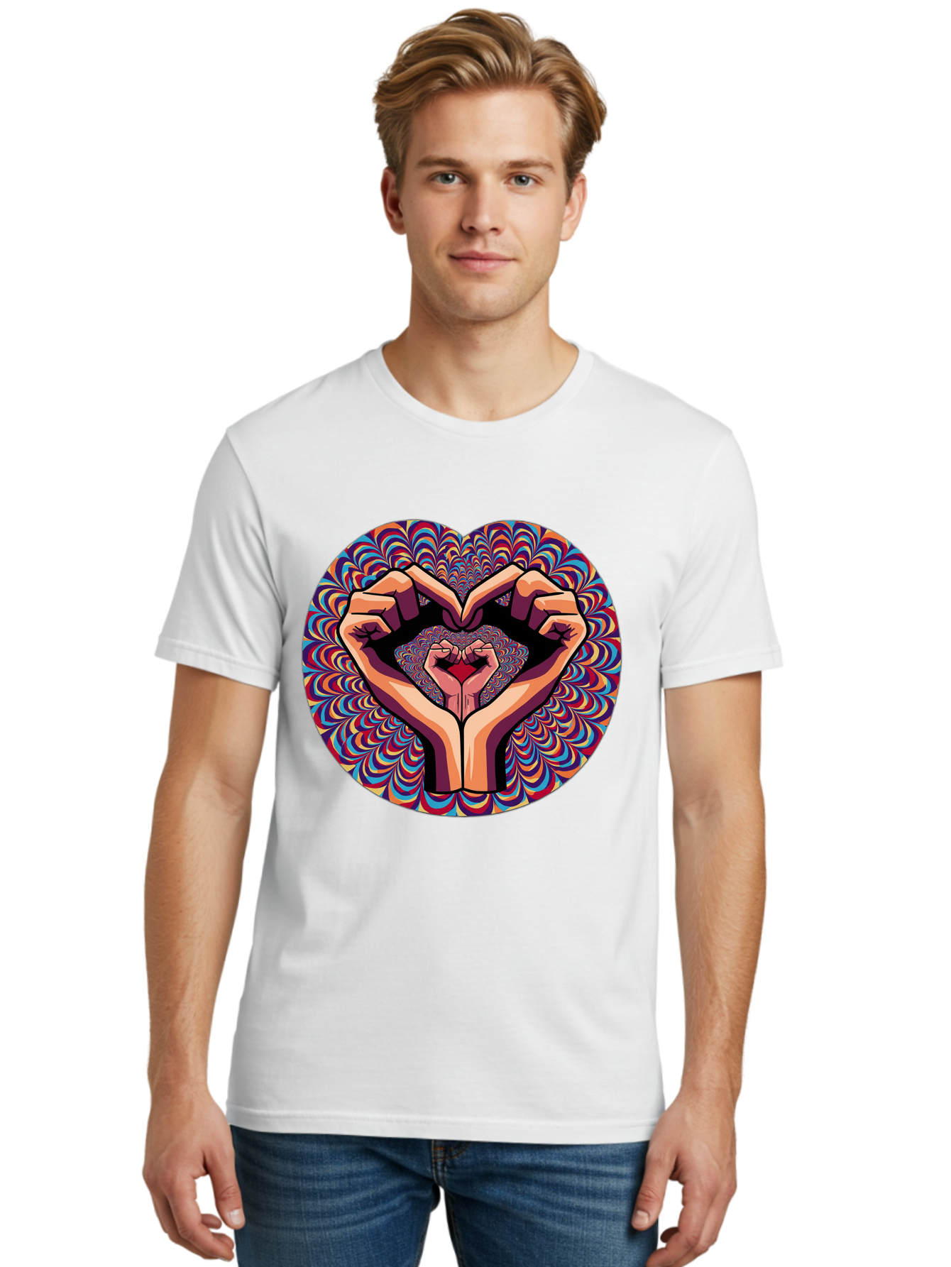 Hands-Forming-Heart-5 Men'S Graphic Tee, 100% Cotton, Comfortable Casual Summer Wear, Machine Washable, Hands Forming A Heart Shape, Psychedelic Art, Rainbow Colors, Vibrant Patterns, Love Symbol, Hand Gesture, Artistic Expression, Bac026