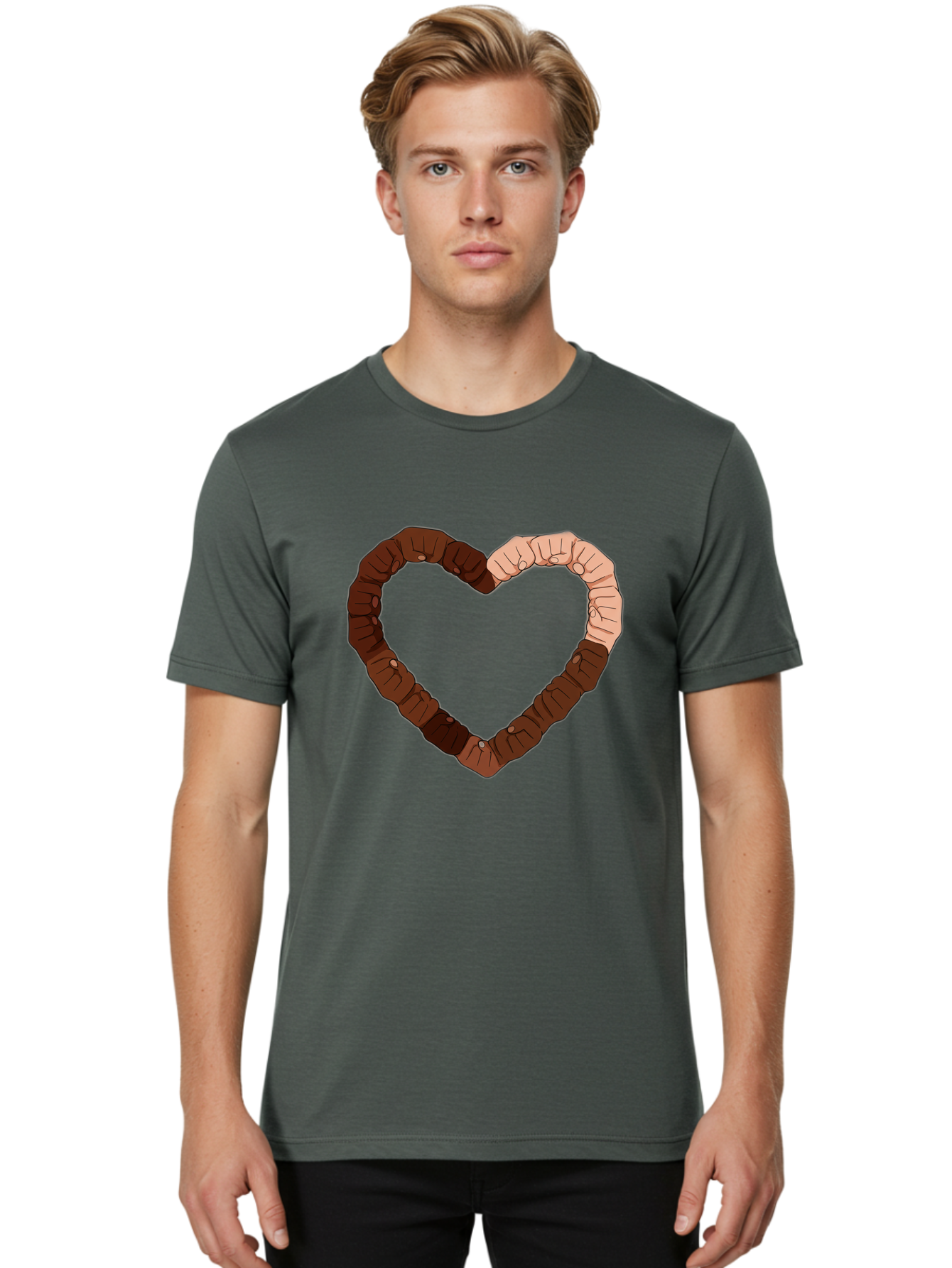 Hands-Forming-Heart Men'S Graphic Tee, 100% Cotton, Comfortable Casual Summer Wear, Machine Washable, Diverse Hands Forming Heart, Unity And Love Symbol, Multicultural Unity, Solidarity, Togetherness, Hand Holding Illustration, Bac027