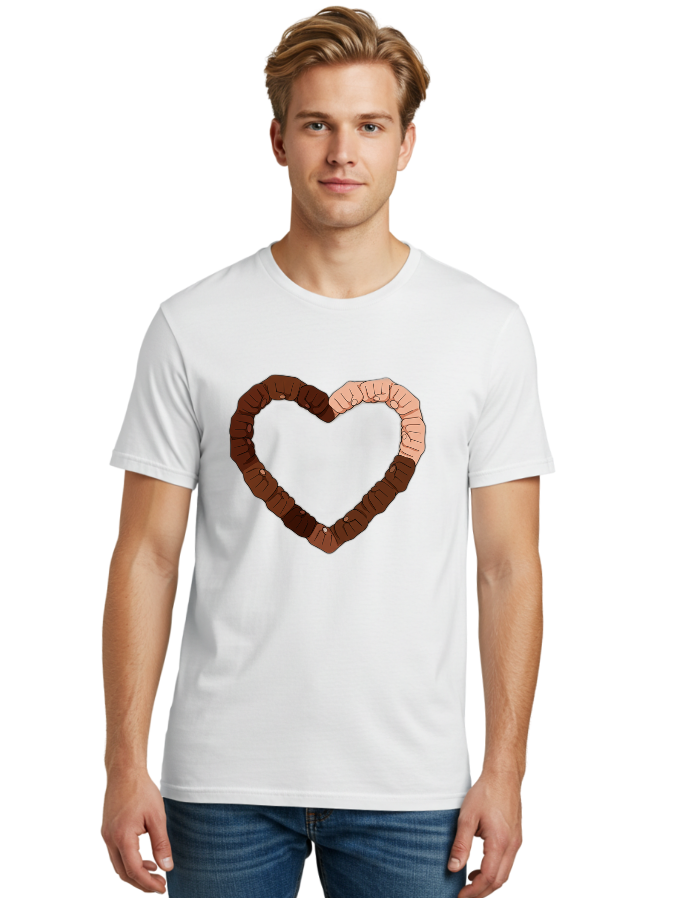 Hands-Forming-Heart Men'S Graphic Tee, 100% Cotton, Comfortable Casual Summer Wear, Machine Washable, Diverse Hands Forming Heart, Unity And Love Symbol, Multicultural Unity, Solidarity, Togetherness, Hand Holding Illustration, Bac027