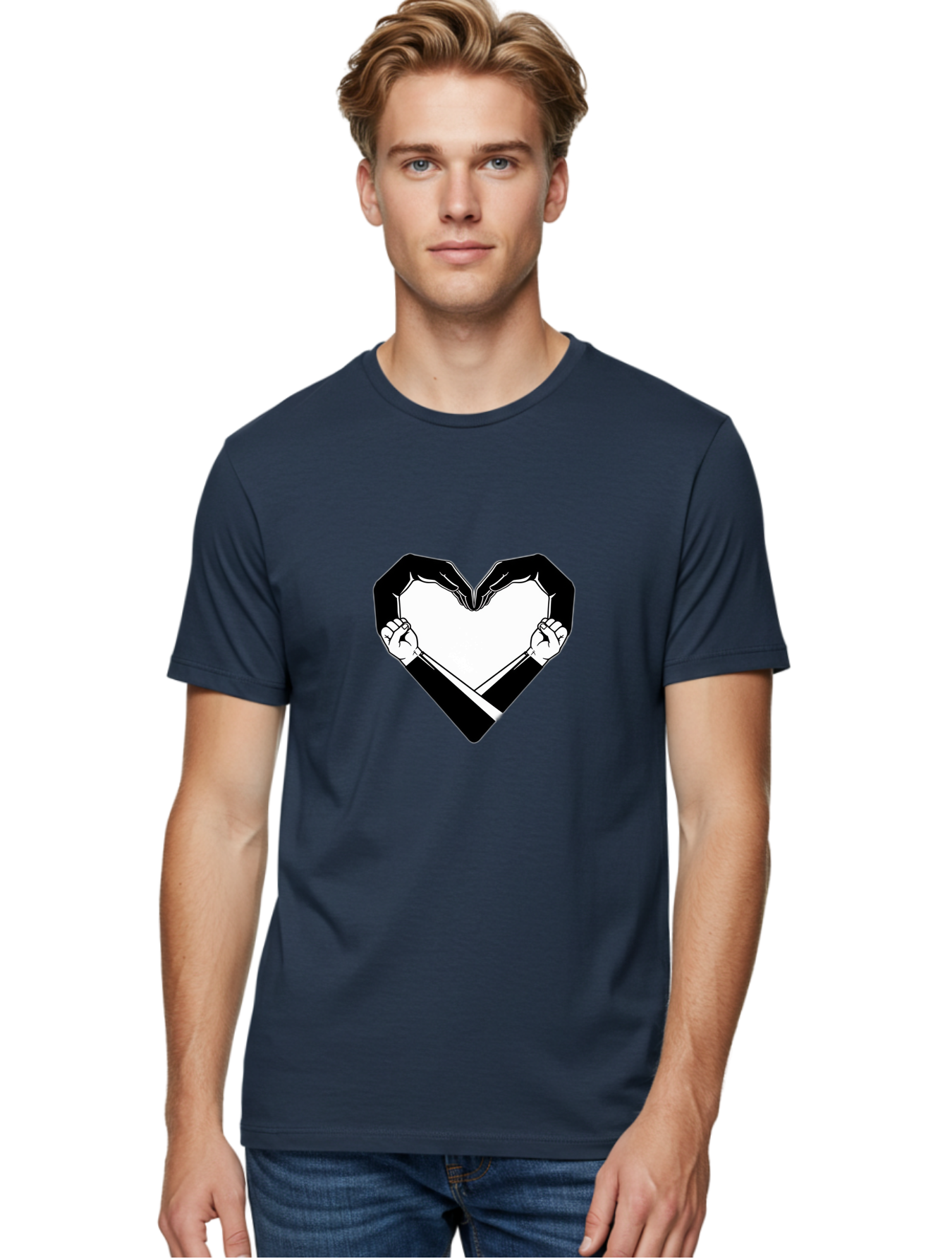 Hands-Holding-Heart Men'S Graphic Tee, 100% Cotton, Comfortable Casual Summer Wear, Machine Washable, Hands Holding Heart, Heart Shape, Black And White Graphic, Symbolic Illustration, Love Symbol, Heart Sign, Clenched Fists, Artistic Design, Bac029