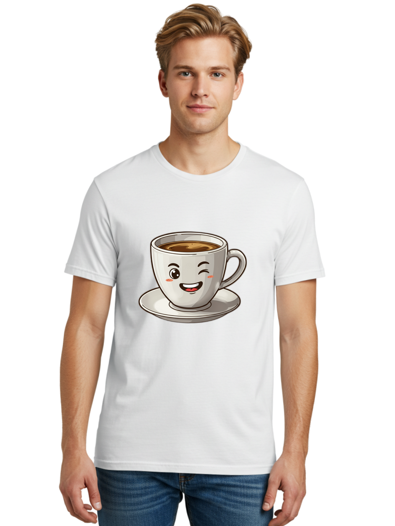 Happy-Coffee-Cup Men'S Graphic Tee, 100% Cotton, Comfortable Casual Summer Wear, Machine Washable, Cup Of Coffee, Cartoon Coffee, Smiling Coffee, Happy Face, Winking Coffee, Coffee Break, Morning Coffee, Coffee Time, Caffeinated Delight, Bac031