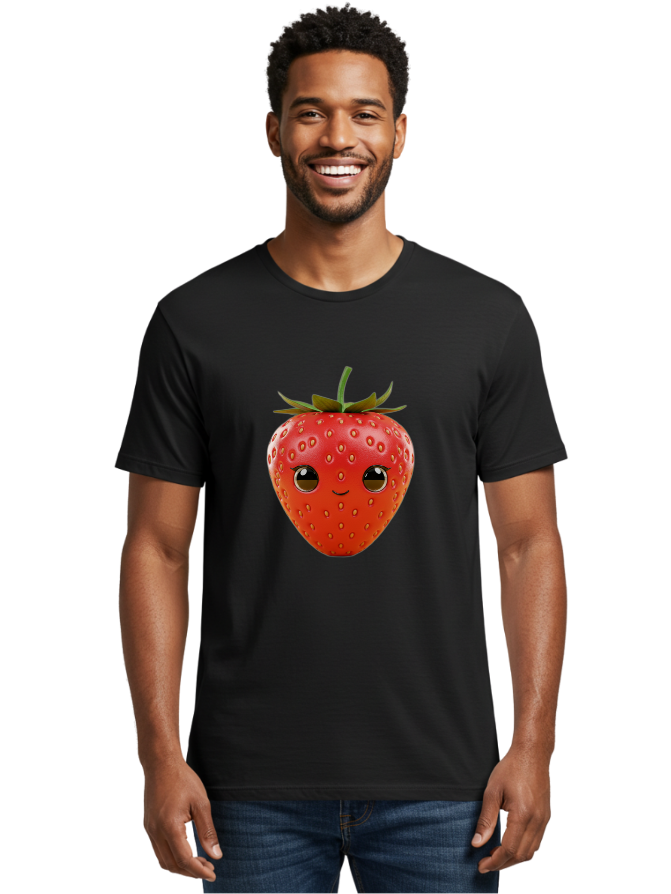 Happy-Strawberry-1 Men'S Graphic Tee, 100% Cotton, Comfortable Casual Summer Wear, Machine Washable, Cartoon Strawberry, Adorable Fruit, Smiling Face, Cute Character, Vibrant Red Color, Yellow Seeds, Playful Personality, Funny Expression, Bac032