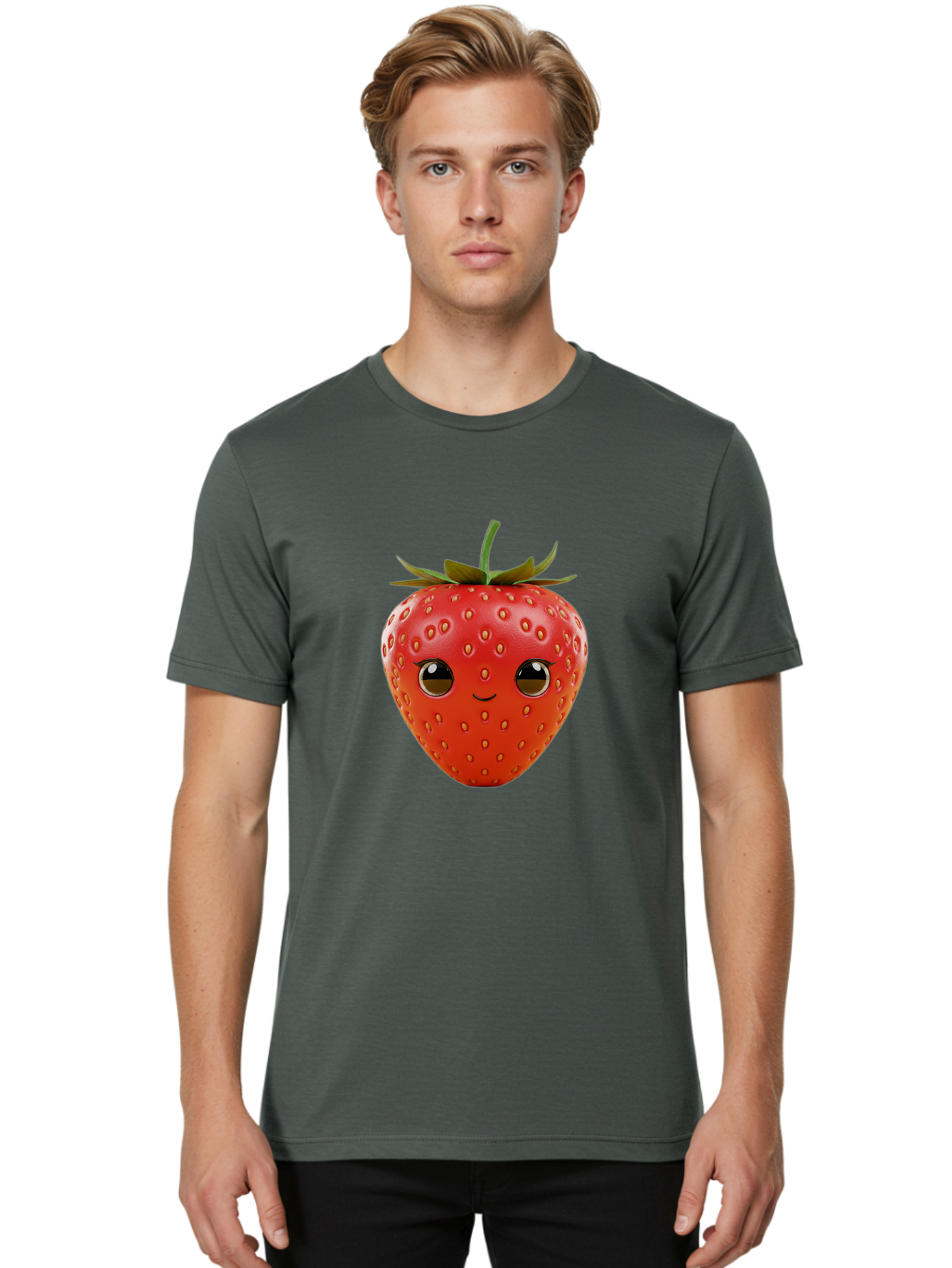Happy-Strawberry-1 Men'S Graphic Tee, 100% Cotton, Comfortable Casual Summer Wear, Machine Washable, Cartoon Strawberry, Adorable Fruit, Smiling Face, Cute Character, Vibrant Red Color, Yellow Seeds, Playful Personality, Funny Expression, Bac032