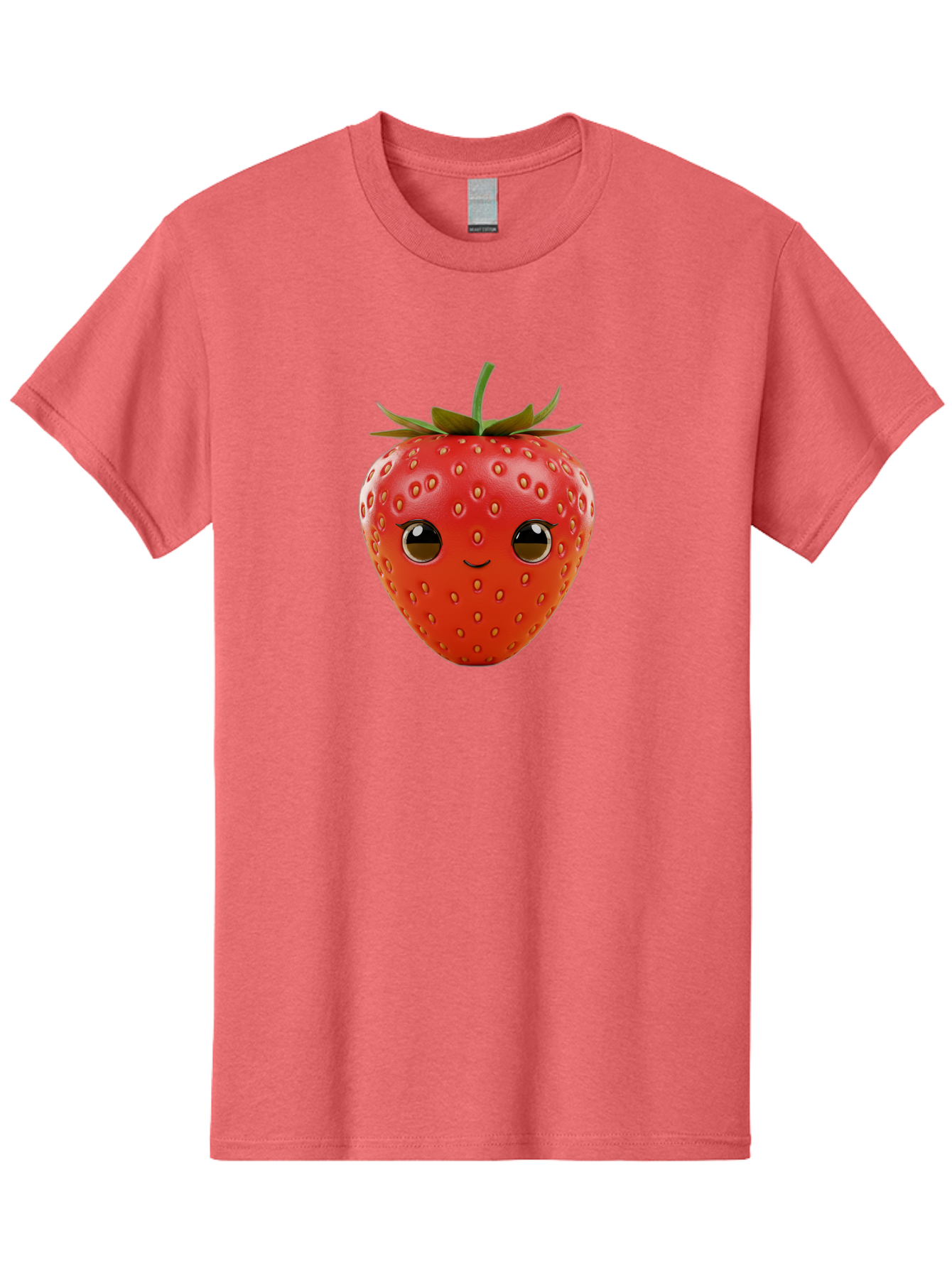 Happy-Strawberry-1 Men'S Graphic Tee, 100% Cotton, Comfortable Casual Summer Wear, Machine Washable, Cartoon Strawberry, Adorable Fruit, Smiling Face, Cute Character, Vibrant Red Color, Yellow Seeds, Playful Personality, Funny Expression, Bac032
