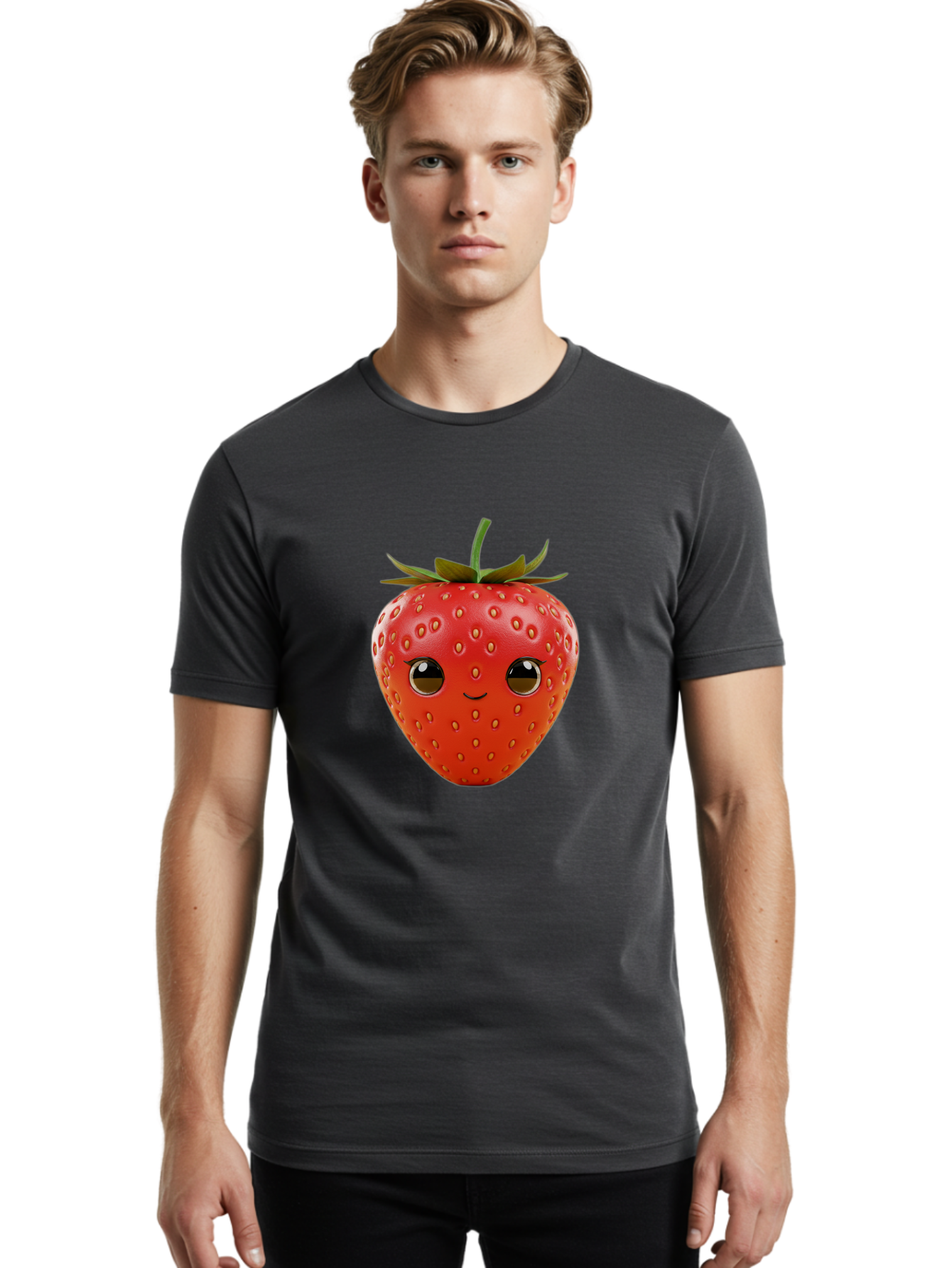 Happy-Strawberry-1 Men'S Graphic Tee, 100% Cotton, Comfortable Casual Summer Wear, Machine Washable, Cartoon Strawberry, Adorable Fruit, Smiling Face, Cute Character, Vibrant Red Color, Yellow Seeds, Playful Personality, Funny Expression, Bac032