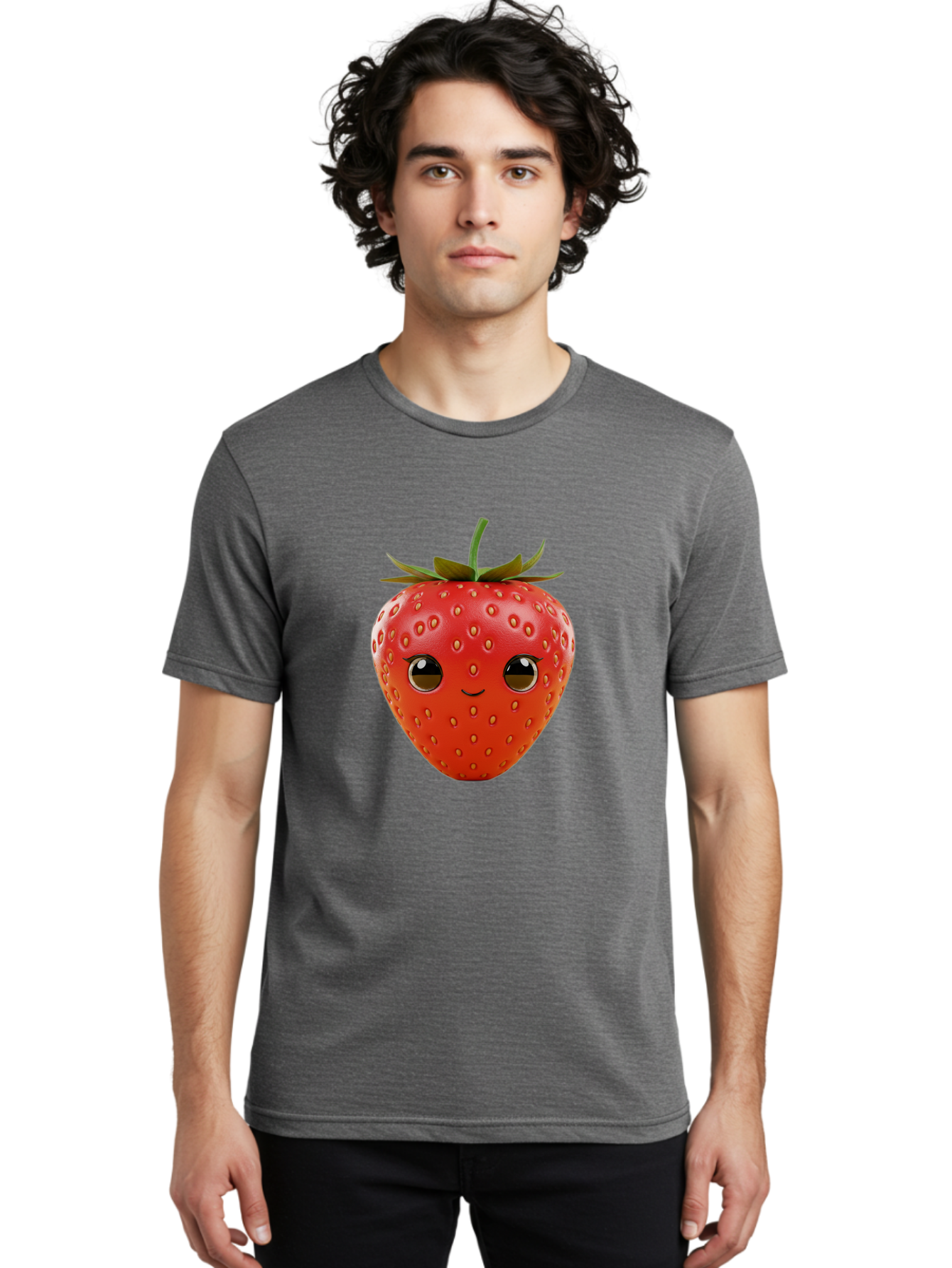 Happy-Strawberry-1 Men'S Graphic Tee, 100% Cotton, Comfortable Casual Summer Wear, Machine Washable, Cartoon Strawberry, Adorable Fruit, Smiling Face, Cute Character, Vibrant Red Color, Yellow Seeds, Playful Personality, Funny Expression, Bac032