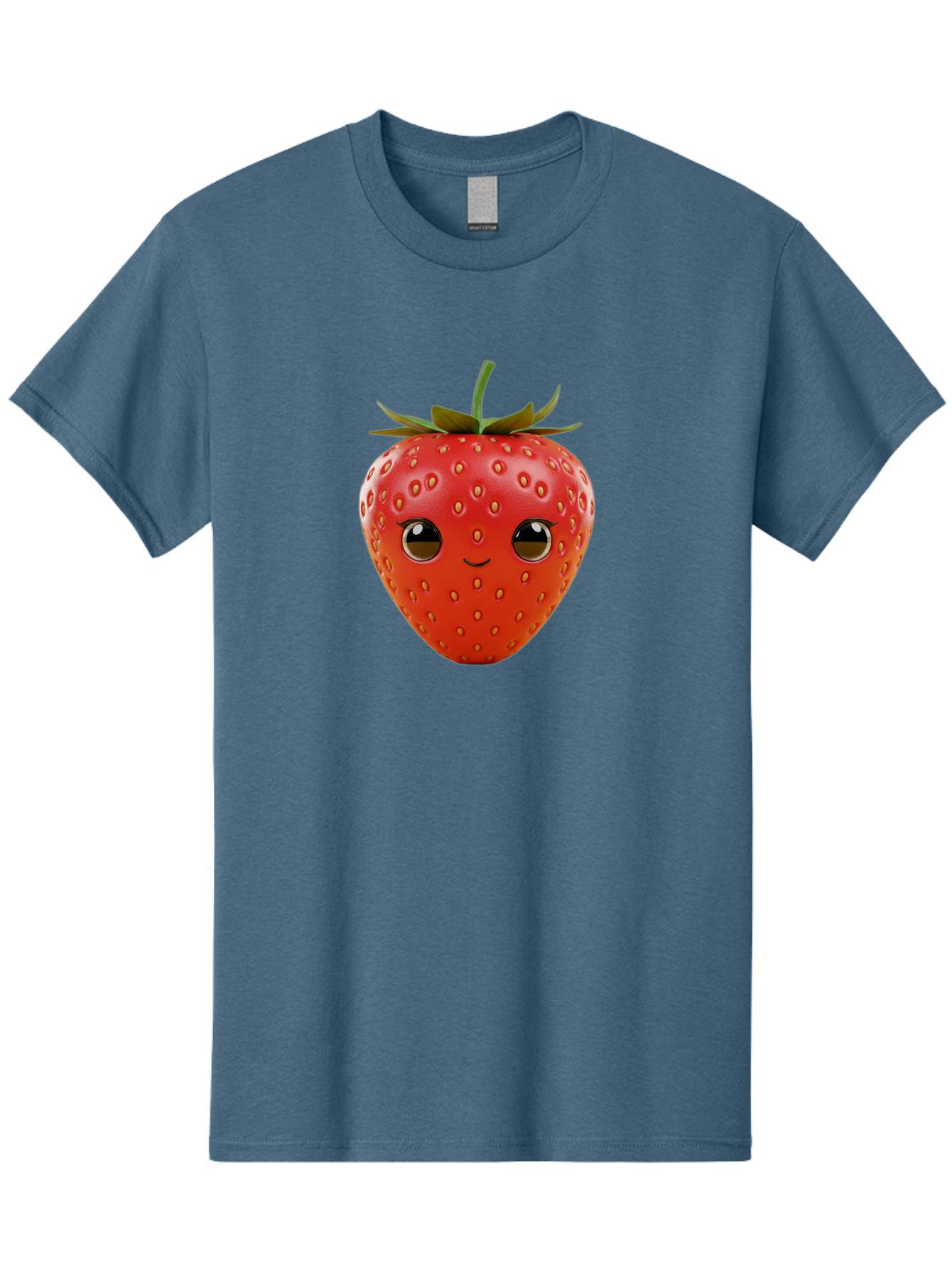 Happy-Strawberry-1 Men'S Graphic Tee, 100% Cotton, Comfortable Casual Summer Wear, Machine Washable, Cartoon Strawberry, Adorable Fruit, Smiling Face, Cute Character, Vibrant Red Color, Yellow Seeds, Playful Personality, Funny Expression, Bac032