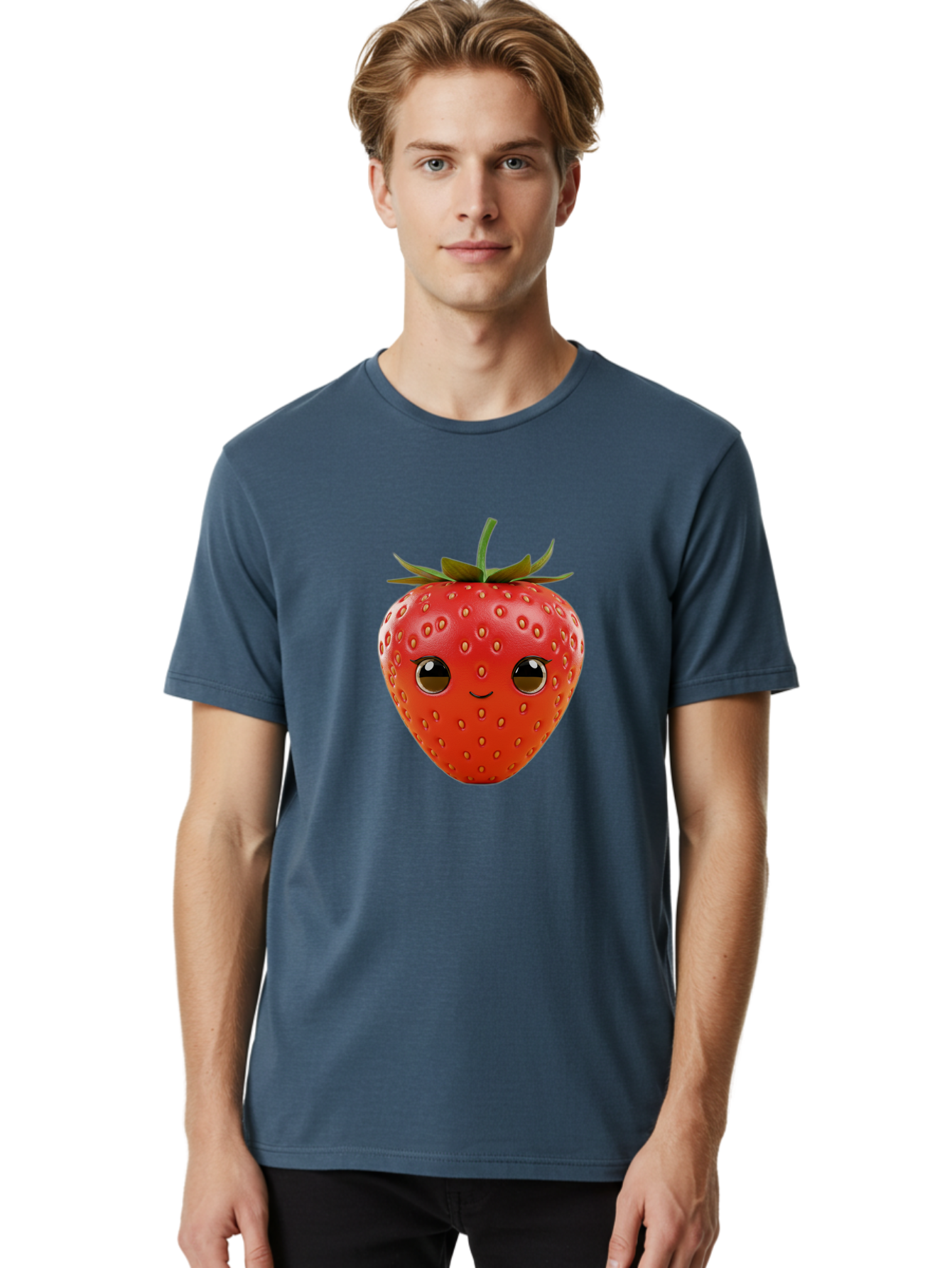 Happy-Strawberry-1 Men'S Graphic Tee, 100% Cotton, Comfortable Casual Summer Wear, Machine Washable, Cartoon Strawberry, Adorable Fruit, Smiling Face, Cute Character, Vibrant Red Color, Yellow Seeds, Playful Personality, Funny Expression, Bac032
