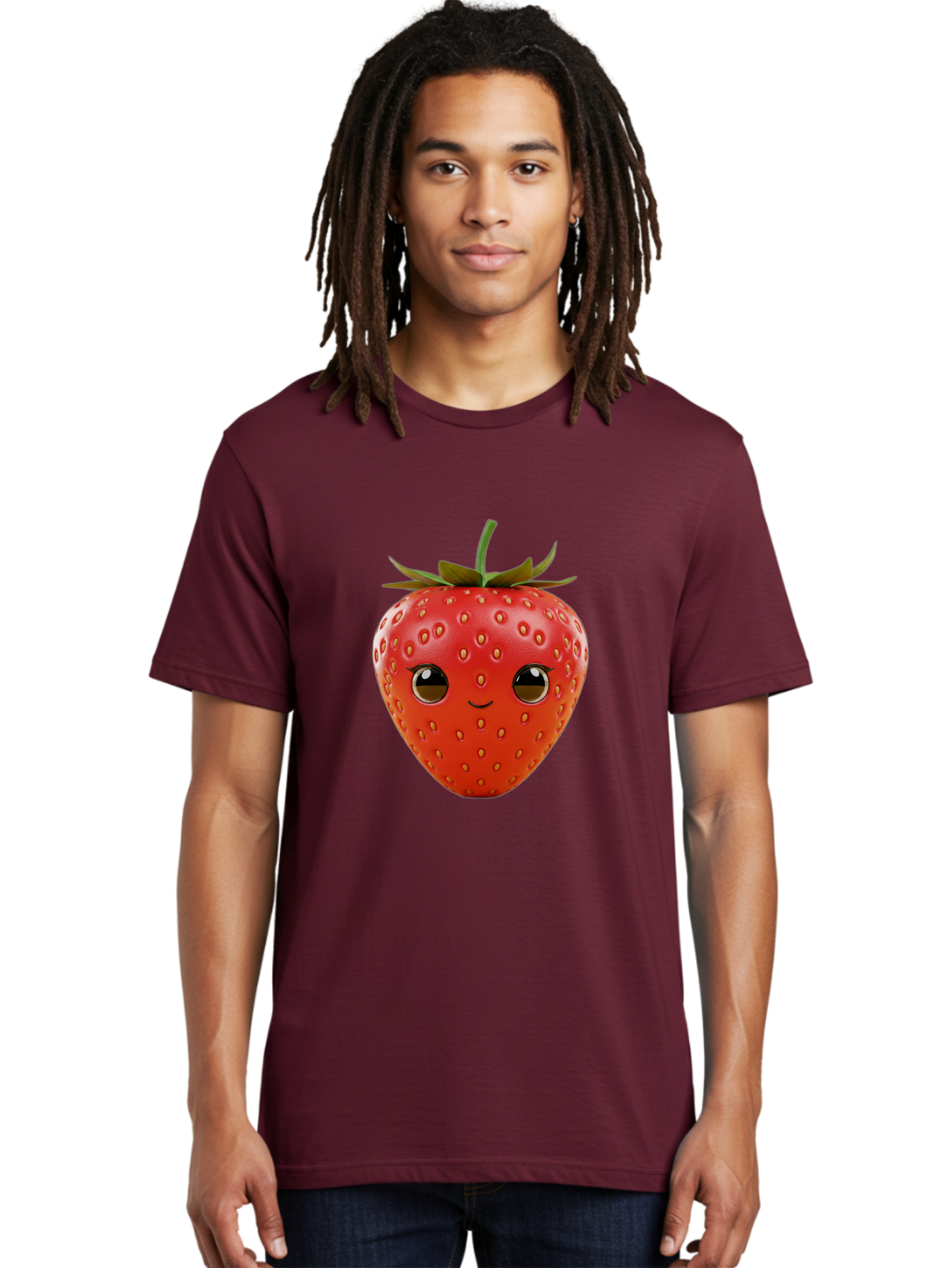 Happy-Strawberry-1 Men'S Graphic Tee, 100% Cotton, Comfortable Casual Summer Wear, Machine Washable, Cartoon Strawberry, Adorable Fruit, Smiling Face, Cute Character, Vibrant Red Color, Yellow Seeds, Playful Personality, Funny Expression, Bac032