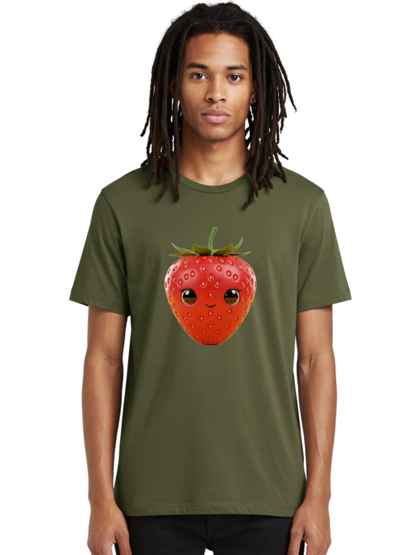Happy-Strawberry-1 Men'S Graphic Tee, 100% Cotton, Comfortable Casual Summer Wear, Machine Washable, Cartoon Strawberry, Adorable Fruit, Smiling Face, Cute Character, Vibrant Red Color, Yellow Seeds, Playful Personality, Funny Expression, Bac032