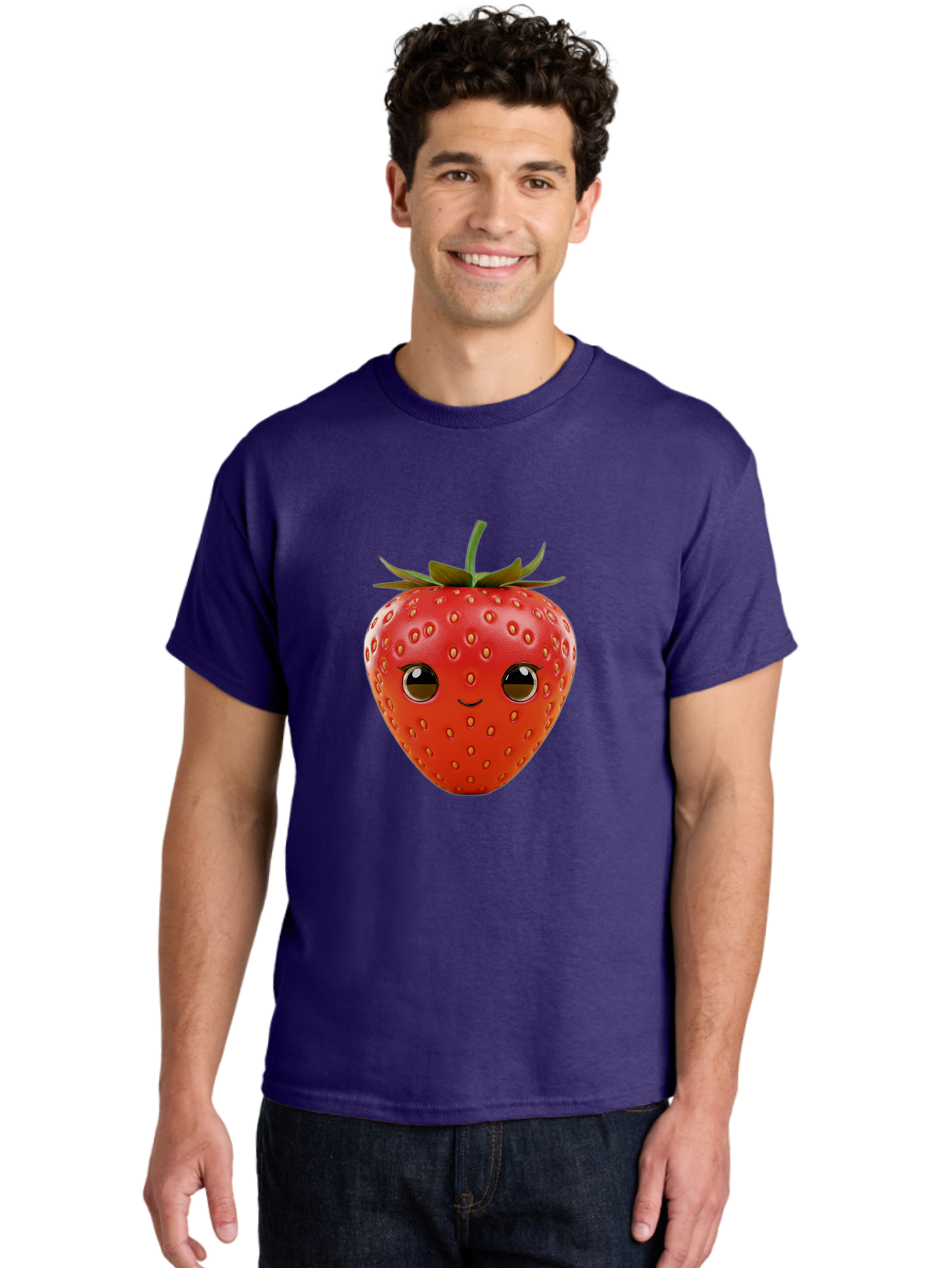 Happy-Strawberry-1 Men'S Graphic Tee, 100% Cotton, Comfortable Casual Summer Wear, Machine Washable, Cartoon Strawberry, Adorable Fruit, Smiling Face, Cute Character, Vibrant Red Color, Yellow Seeds, Playful Personality, Funny Expression, Bac032