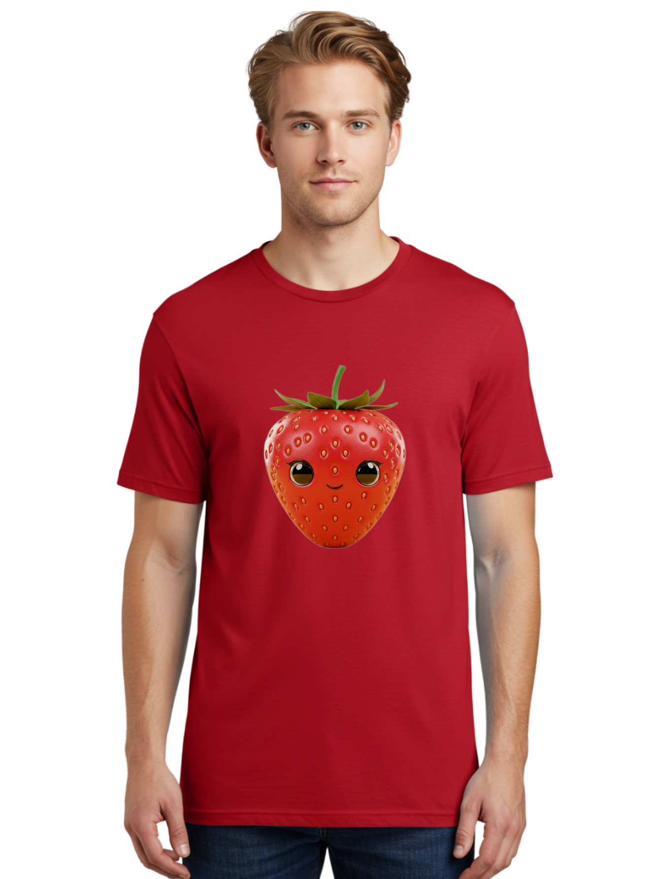 Happy-Strawberry-1 Men'S Graphic Tee, 100% Cotton, Comfortable Casual Summer Wear, Machine Washable, Cartoon Strawberry, Adorable Fruit, Smiling Face, Cute Character, Vibrant Red Color, Yellow Seeds, Playful Personality, Funny Expression, Bac032
