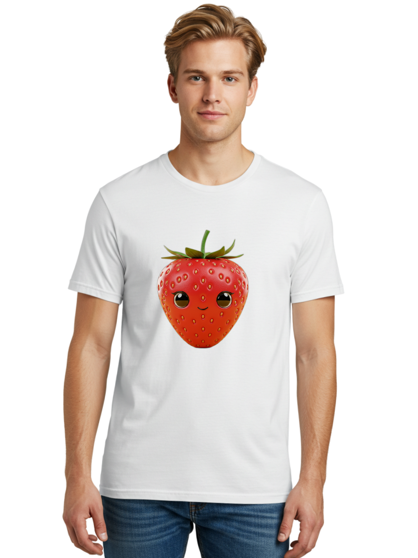 Happy-Strawberry-1 Men'S Graphic Tee, 100% Cotton, Comfortable Casual Summer Wear, Machine Washable, Cartoon Strawberry, Adorable Fruit, Smiling Face, Cute Character, Vibrant Red Color, Yellow Seeds, Playful Personality, Funny Expression, Bac032