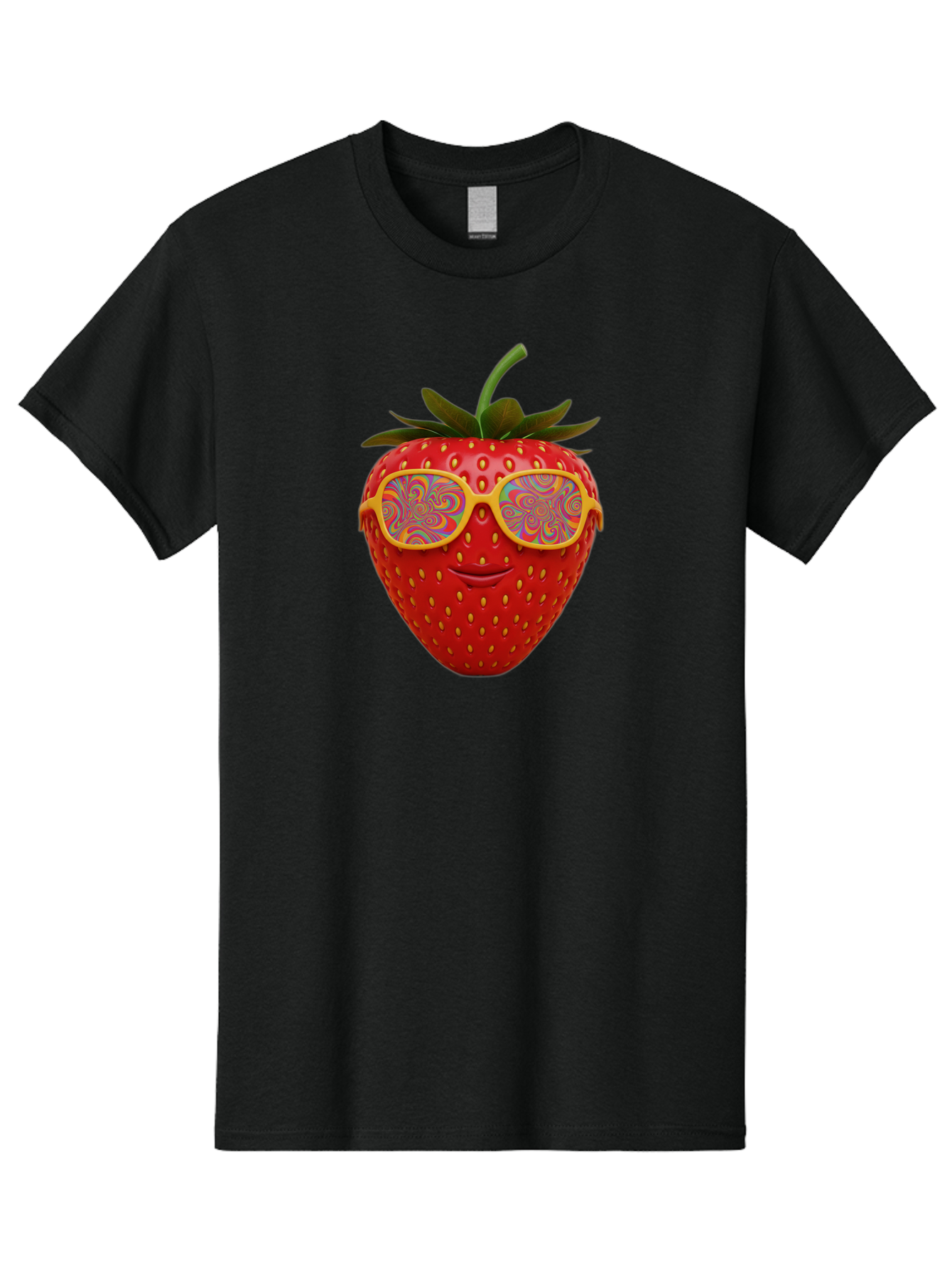 Happy-Strawberry Men'S Graphic Tee, 100% Cotton, Comfortable Casual Summer Wear, Machine Washable, Strawberry Character, Psychedelic Sunglasses, Vibrant Colors, Smiling Face, Fruit Illustration, Surreal Art, Whimsical Design, Bac033