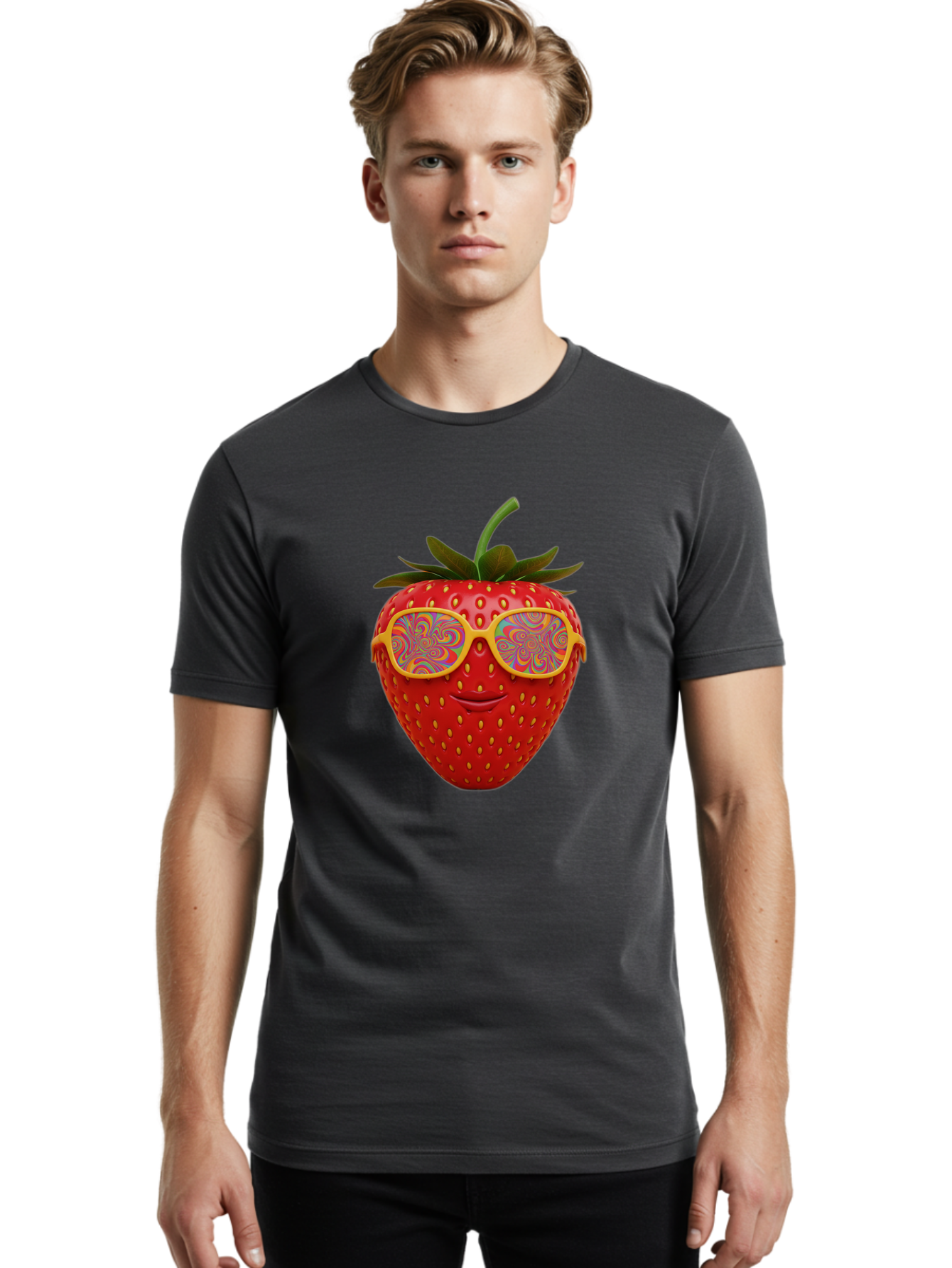 Happy-Strawberry Men'S Graphic Tee, 100% Cotton, Comfortable Casual Summer Wear, Machine Washable, Strawberry Character, Psychedelic Sunglasses, Vibrant Colors, Smiling Face, Fruit Illustration, Surreal Art, Whimsical Design, Bac033