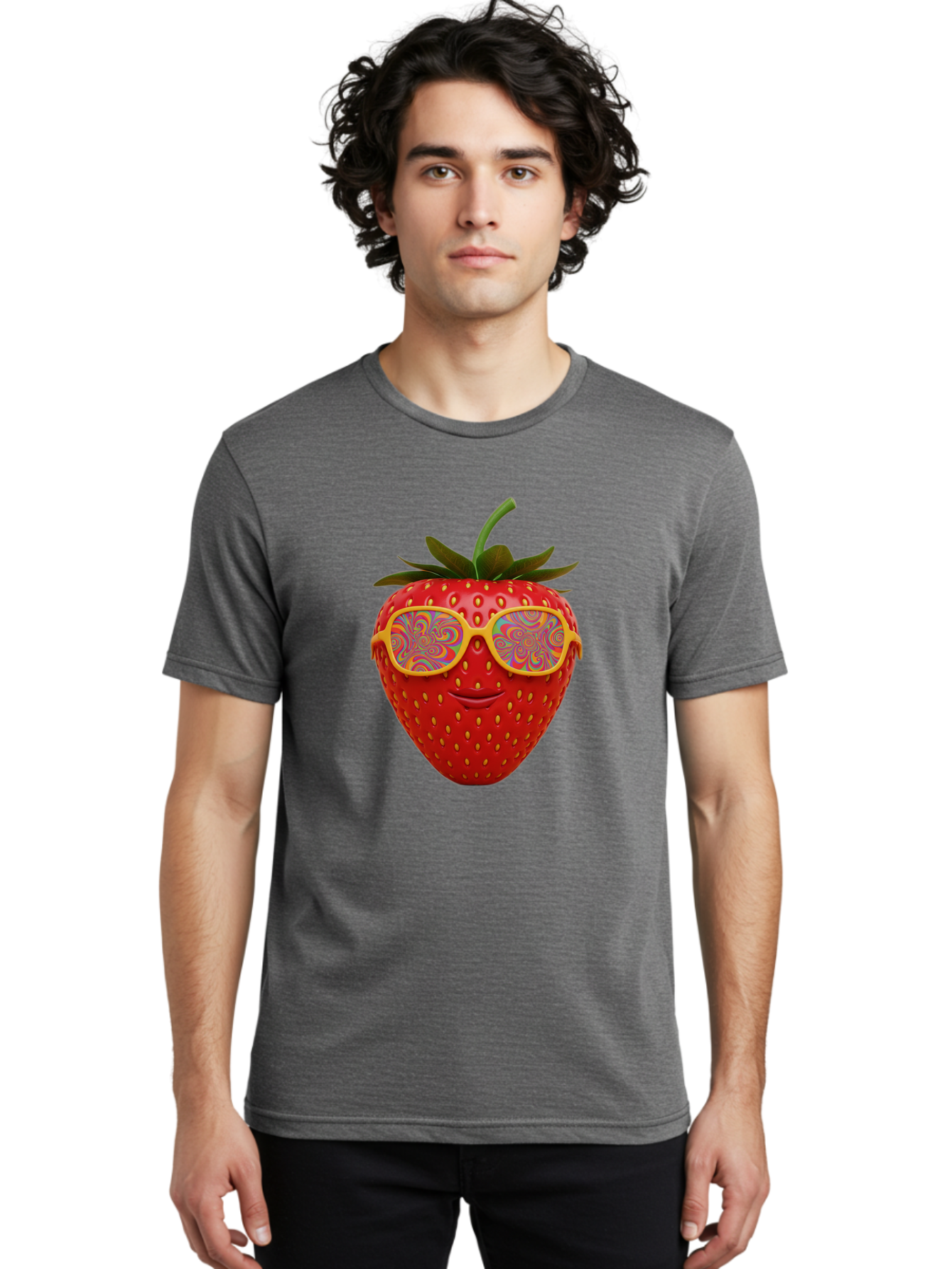 Happy-Strawberry Men'S Graphic Tee, 100% Cotton, Comfortable Casual Summer Wear, Machine Washable, Strawberry Character, Psychedelic Sunglasses, Vibrant Colors, Smiling Face, Fruit Illustration, Surreal Art, Whimsical Design, Bac033