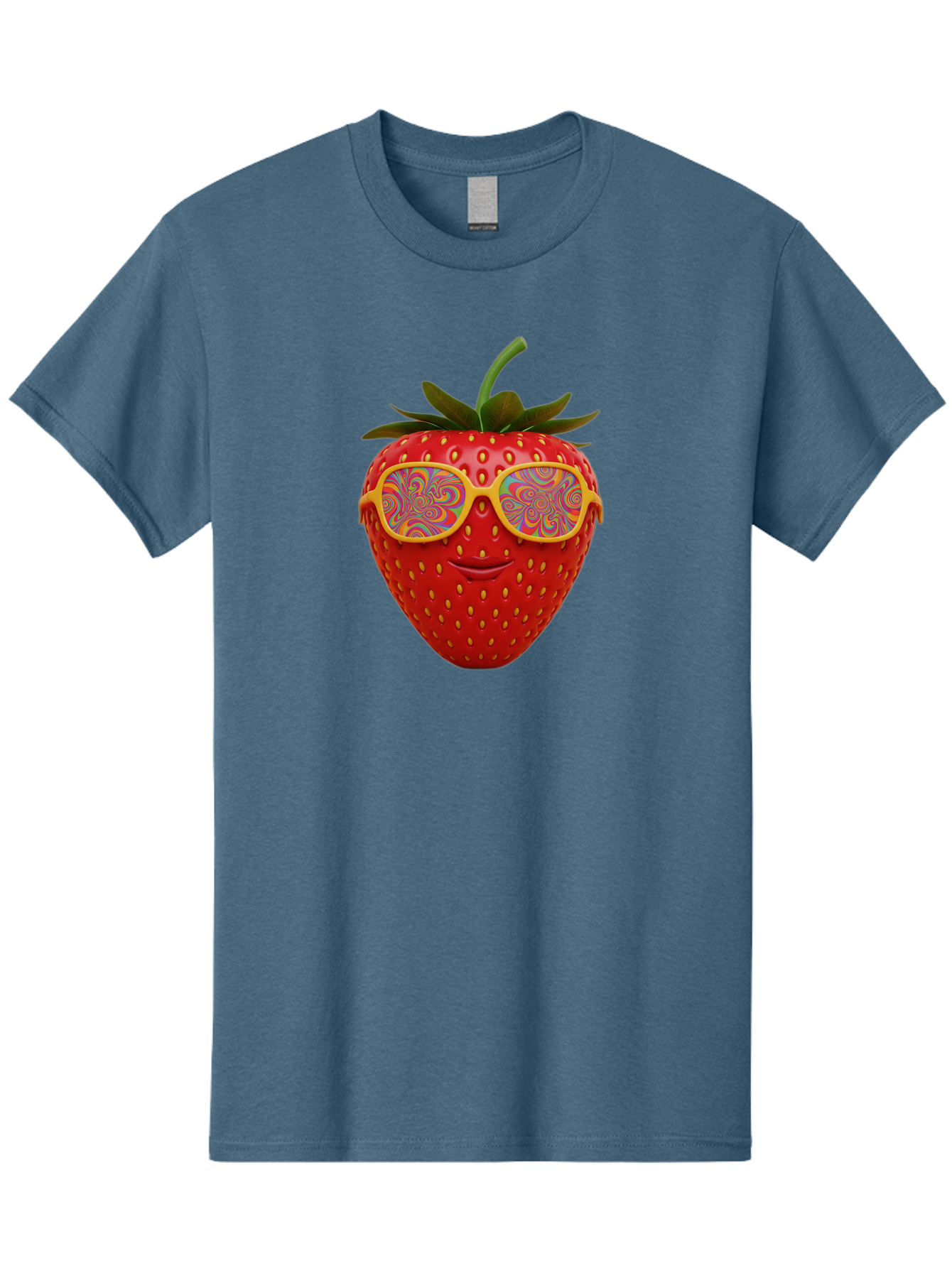 Happy-Strawberry Men'S Graphic Tee, 100% Cotton, Comfortable Casual Summer Wear, Machine Washable, Strawberry Character, Psychedelic Sunglasses, Vibrant Colors, Smiling Face, Fruit Illustration, Surreal Art, Whimsical Design, Bac033