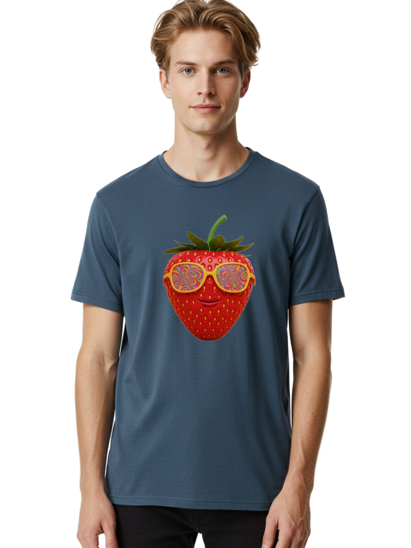 Happy-Strawberry Men'S Graphic Tee, 100% Cotton, Comfortable Casual Summer Wear, Machine Washable, Strawberry Character, Psychedelic Sunglasses, Vibrant Colors, Smiling Face, Fruit Illustration, Surreal Art, Whimsical Design, Bac033