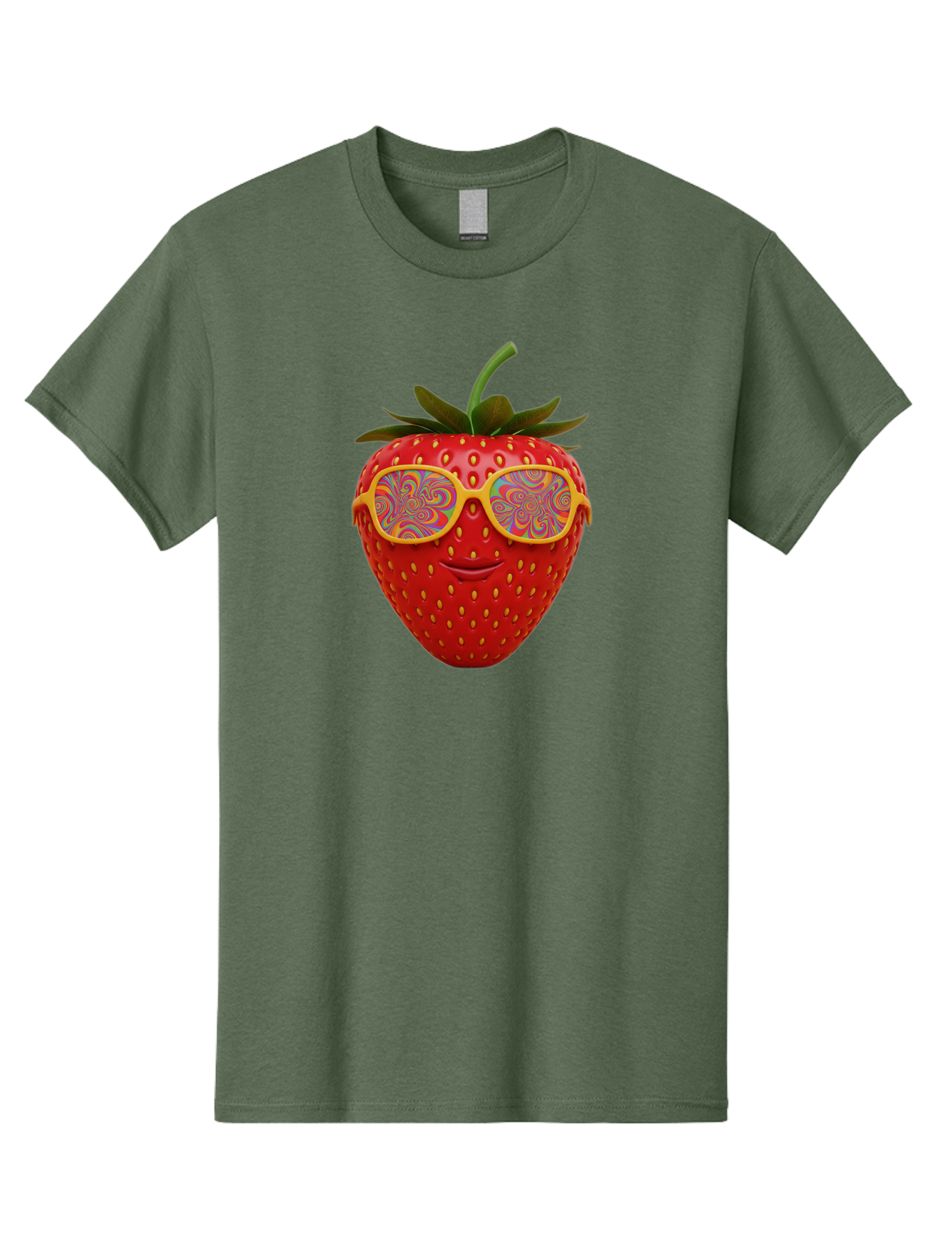 Happy-Strawberry Men'S Graphic Tee, 100% Cotton, Comfortable Casual Summer Wear, Machine Washable, Strawberry Character, Psychedelic Sunglasses, Vibrant Colors, Smiling Face, Fruit Illustration, Surreal Art, Whimsical Design, Bac033