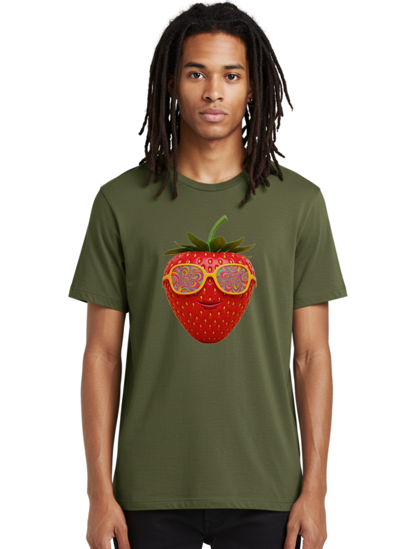 Happy-Strawberry Men'S Graphic Tee, 100% Cotton, Comfortable Casual Summer Wear, Machine Washable, Strawberry Character, Psychedelic Sunglasses, Vibrant Colors, Smiling Face, Fruit Illustration, Surreal Art, Whimsical Design, Bac033