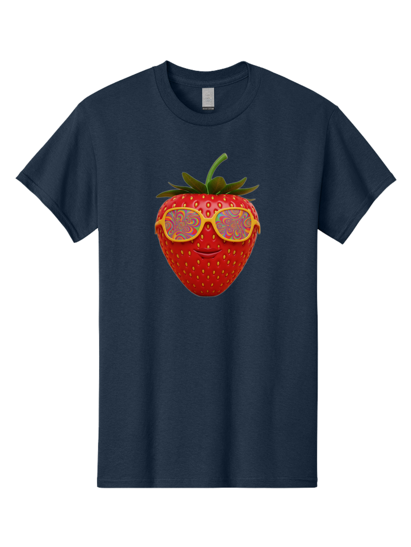 Happy-Strawberry Men'S Graphic Tee, 100% Cotton, Comfortable Casual Summer Wear, Machine Washable, Strawberry Character, Psychedelic Sunglasses, Vibrant Colors, Smiling Face, Fruit Illustration, Surreal Art, Whimsical Design, Bac033