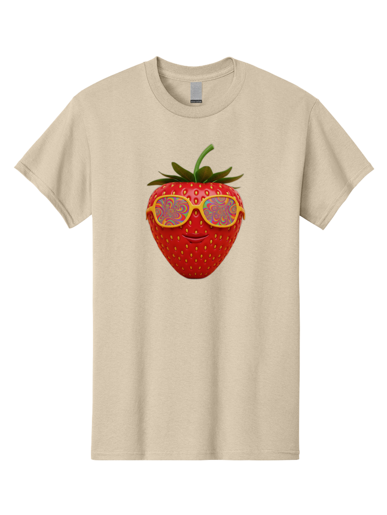 Happy-Strawberry Men'S Graphic Tee, 100% Cotton, Comfortable Casual Summer Wear, Machine Washable, Strawberry Character, Psychedelic Sunglasses, Vibrant Colors, Smiling Face, Fruit Illustration, Surreal Art, Whimsical Design, Bac033