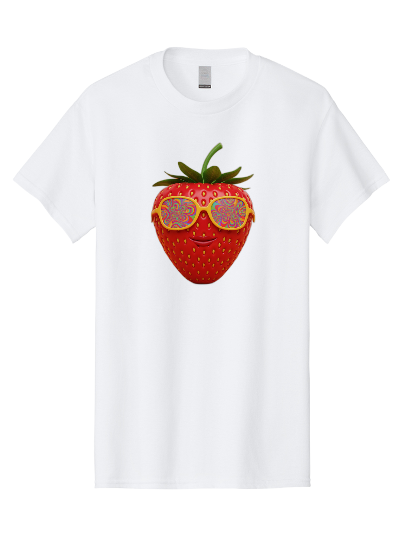 Happy-Strawberry Men'S Graphic Tee, 100% Cotton, Comfortable Casual Summer Wear, Machine Washable, Strawberry Character, Psychedelic Sunglasses, Vibrant Colors, Smiling Face, Fruit Illustration, Surreal Art, Whimsical Design, Bac033