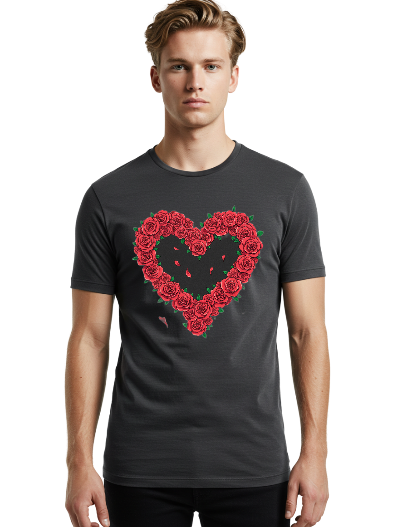 Heart-Of-Roses Men'S Graphic Tee, 100% Cotton, Comfortable Casual Summer Wear, Machine Washable, Heart Shape, Red Roses, Floral Arrangement, Love Symbol, Romance, Valentine'S Day, Beautiful Flowers, Rose Petals Bac034