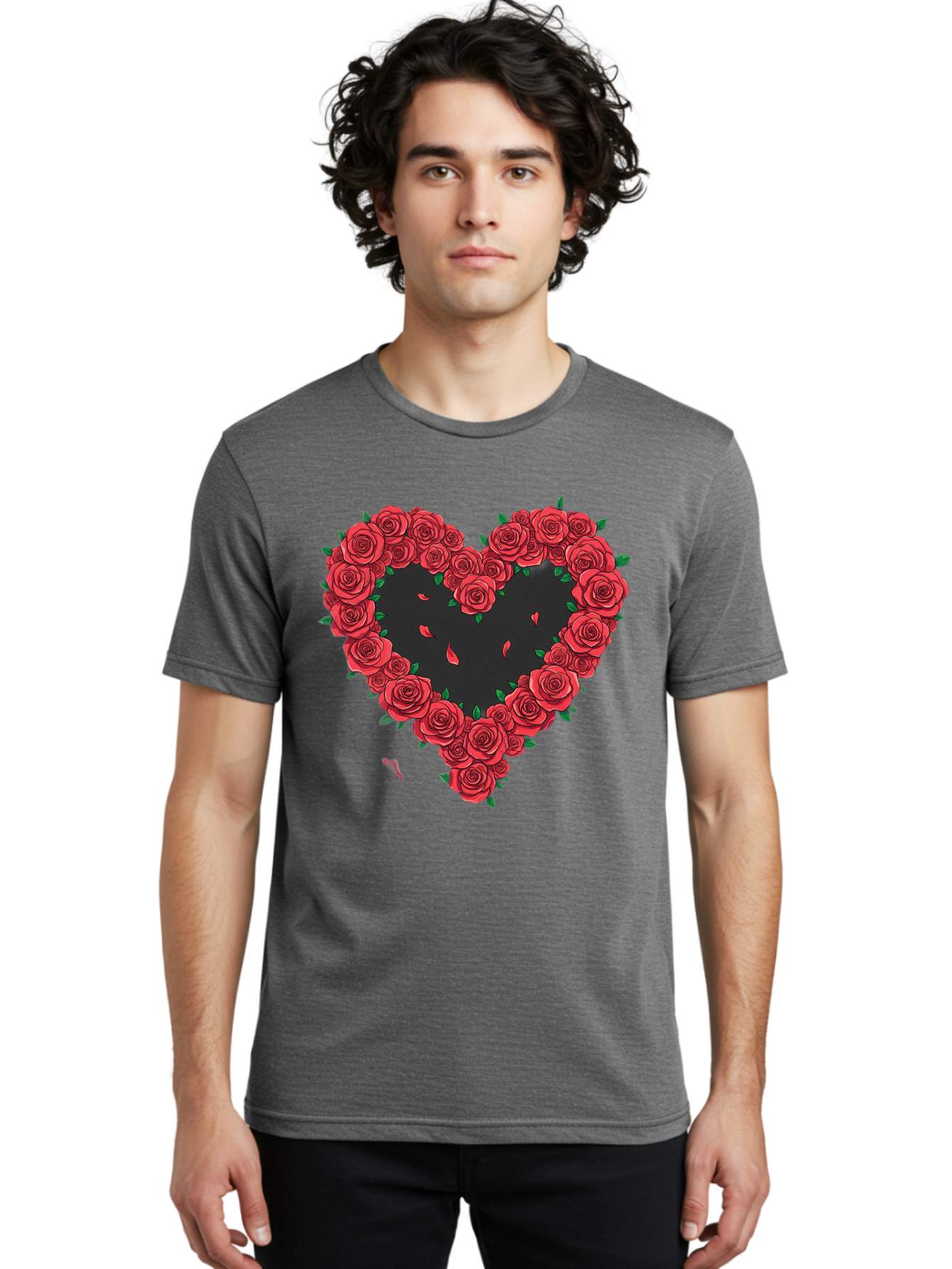 Heart-Of-Roses Men'S Graphic Tee, 100% Cotton, Comfortable Casual Summer Wear, Machine Washable, Heart Shape, Red Roses, Floral Arrangement, Love Symbol, Romance, Valentine'S Day, Beautiful Flowers, Rose Petals Bac034