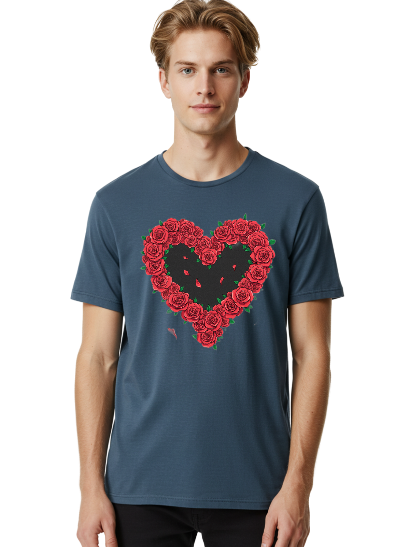 Heart-Of-Roses Men'S Graphic Tee, 100% Cotton, Comfortable Casual Summer Wear, Machine Washable, Heart Shape, Red Roses, Floral Arrangement, Love Symbol, Romance, Valentine'S Day, Beautiful Flowers, Rose Petals Bac034
