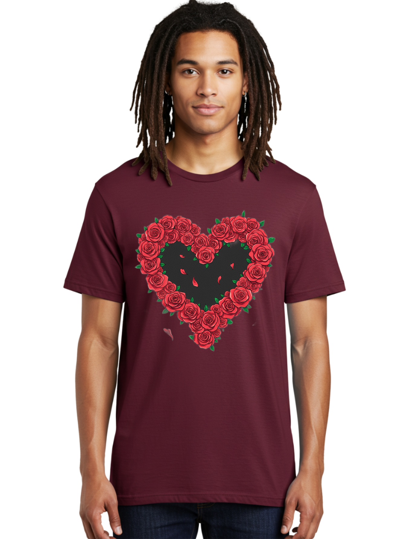 Heart-Of-Roses Men'S Graphic Tee, 100% Cotton, Comfortable Casual Summer Wear, Machine Washable, Heart Shape, Red Roses, Floral Arrangement, Love Symbol, Romance, Valentine'S Day, Beautiful Flowers, Rose Petals Bac034