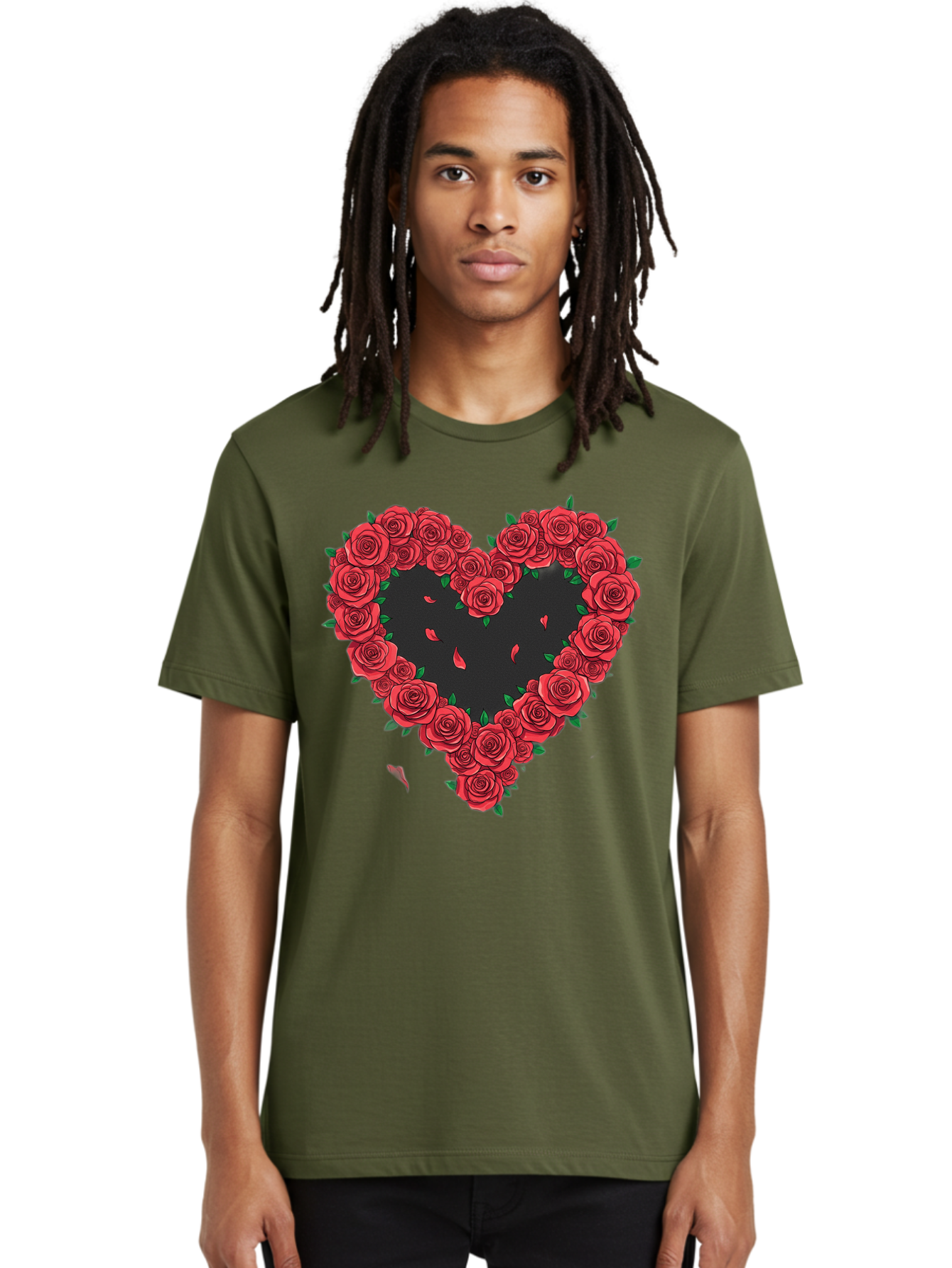 Heart-Of-Roses Men'S Graphic Tee, 100% Cotton, Comfortable Casual Summer Wear, Machine Washable, Heart Shape, Red Roses, Floral Arrangement, Love Symbol, Romance, Valentine'S Day, Beautiful Flowers, Rose Petals Bac034