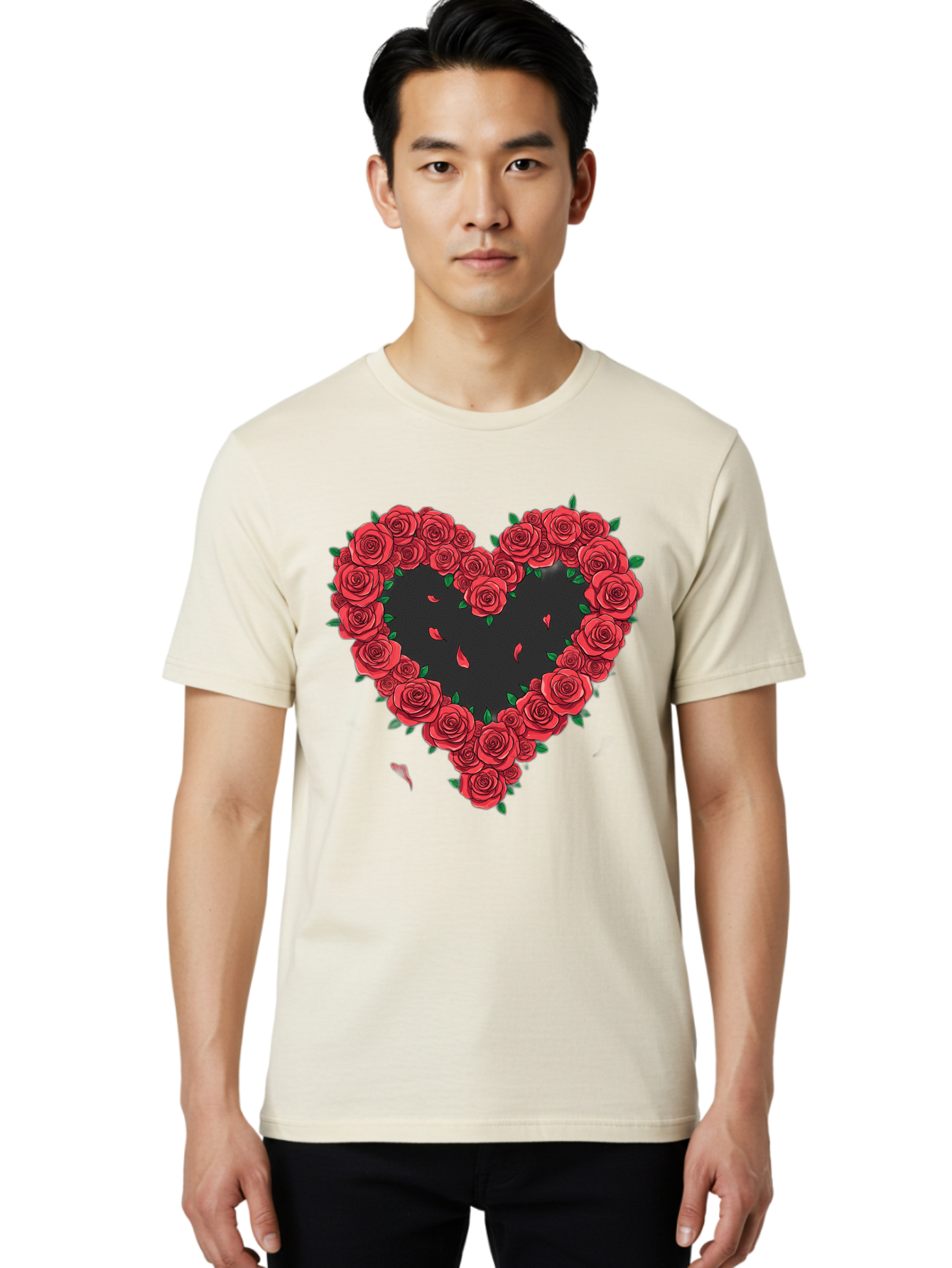 Heart-Of-Roses Men'S Graphic Tee, 100% Cotton, Comfortable Casual Summer Wear, Machine Washable, Heart Shape, Red Roses, Floral Arrangement, Love Symbol, Romance, Valentine'S Day, Beautiful Flowers, Rose Petals Bac034