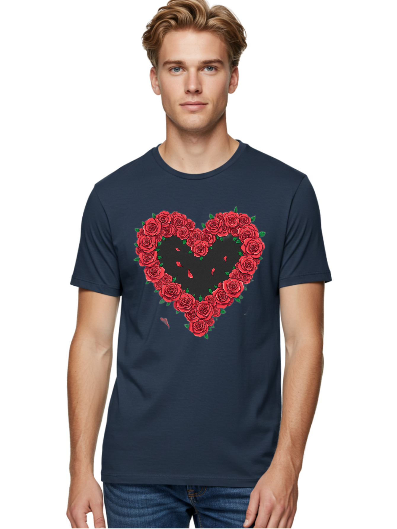 Heart-Of-Roses Men'S Graphic Tee, 100% Cotton, Comfortable Casual Summer Wear, Machine Washable, Heart Shape, Red Roses, Floral Arrangement, Love Symbol, Romance, Valentine'S Day, Beautiful Flowers, Rose Petals Bac034