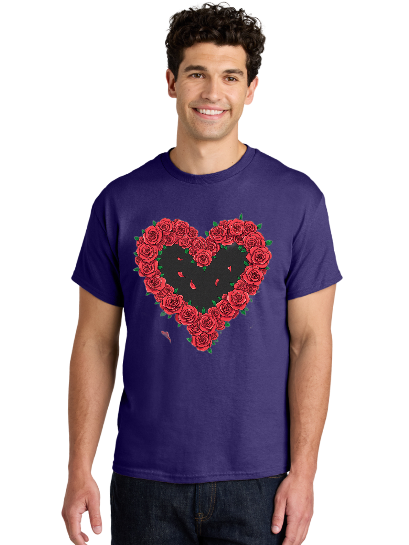 Heart-Of-Roses Men'S Graphic Tee, 100% Cotton, Comfortable Casual Summer Wear, Machine Washable, Heart Shape, Red Roses, Floral Arrangement, Love Symbol, Romance, Valentine'S Day, Beautiful Flowers, Rose Petals Bac034