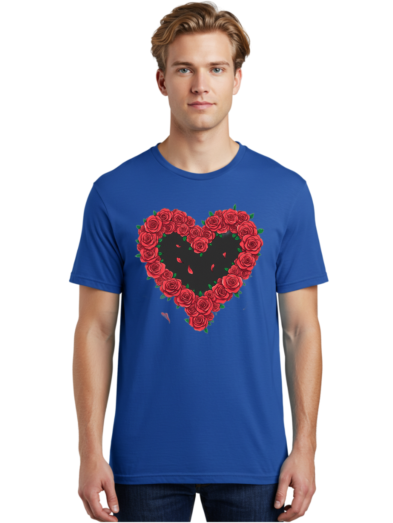 Heart-Of-Roses Men'S Graphic Tee, 100% Cotton, Comfortable Casual Summer Wear, Machine Washable, Heart Shape, Red Roses, Floral Arrangement, Love Symbol, Romance, Valentine'S Day, Beautiful Flowers, Rose Petals Bac034