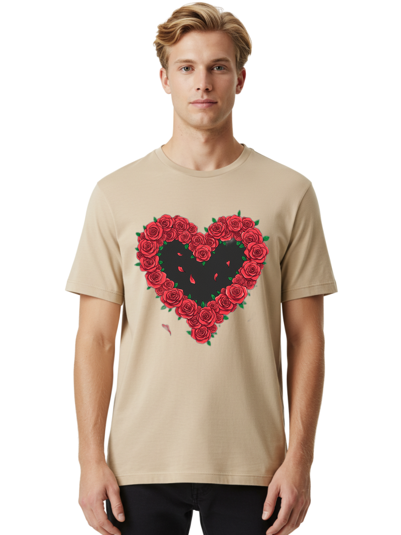 Heart-Of-Roses Men'S Graphic Tee, 100% Cotton, Comfortable Casual Summer Wear, Machine Washable, Heart Shape, Red Roses, Floral Arrangement, Love Symbol, Romance, Valentine'S Day, Beautiful Flowers, Rose Petals Bac034