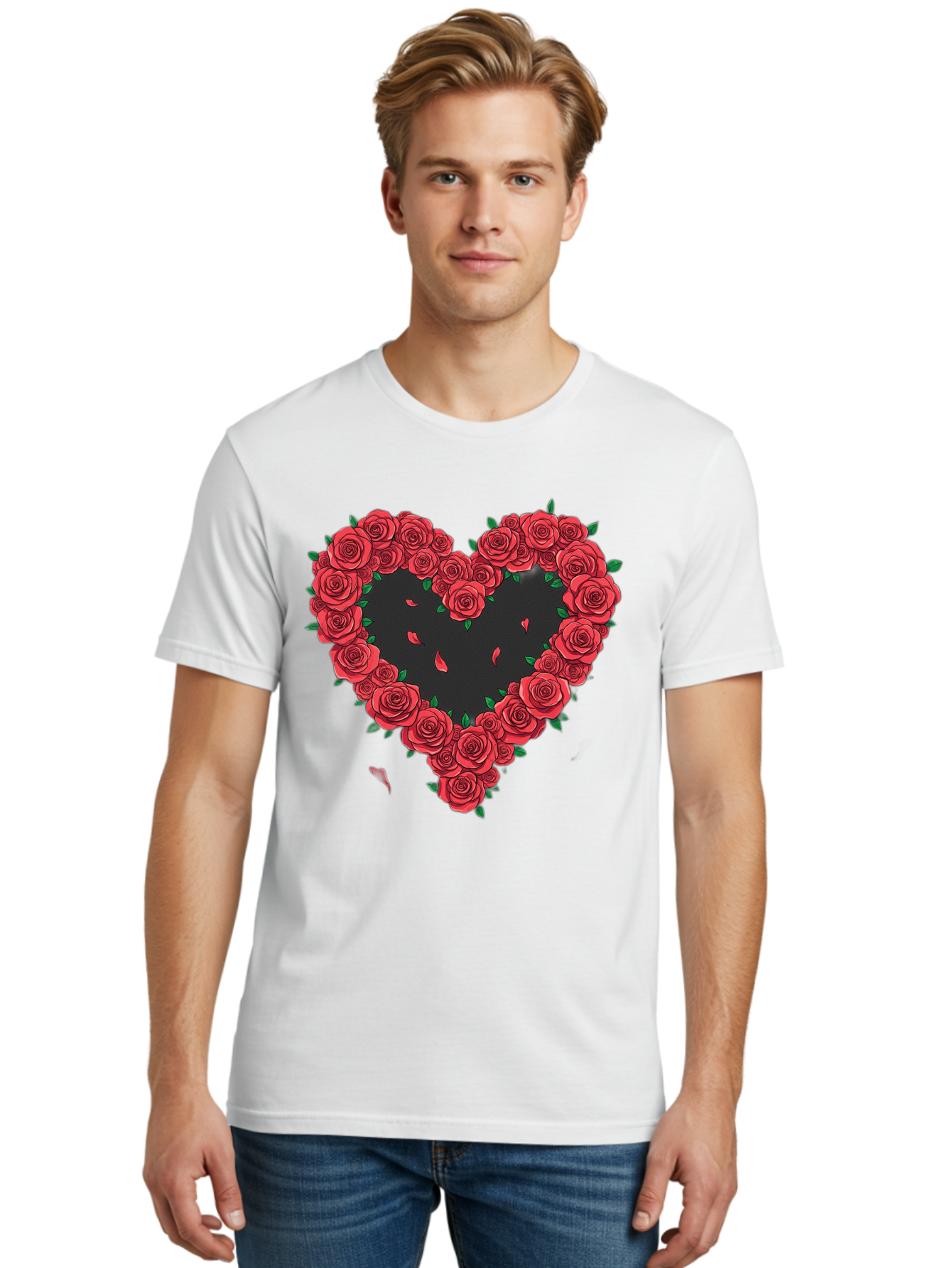 Heart-Of-Roses Men'S Graphic Tee, 100% Cotton, Comfortable Casual Summer Wear, Machine Washable, Heart Shape, Red Roses, Floral Arrangement, Love Symbol, Romance, Valentine'S Day, Beautiful Flowers, Rose Petals Bac034