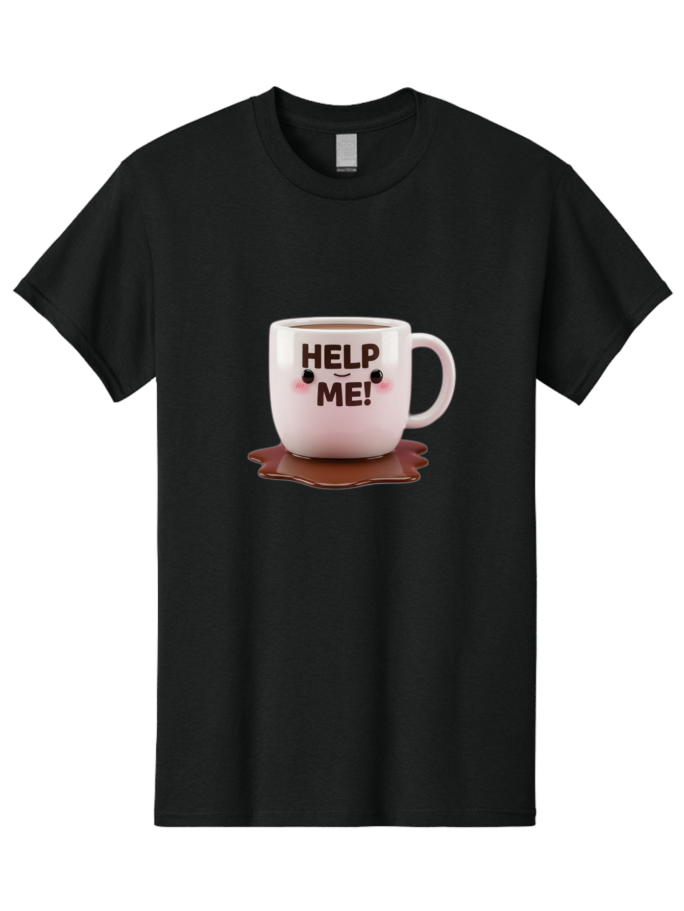 Help-Me-1 Men'S Graphic Tee, 100% Cotton, Comfortable Casual Summer Wear, Machine Washable, Help Me Coffee Mug, Cute Cartoon Design, Coffee Spill, Brown Liquid, Humorous Expression, Adorable Character, Cute Blush Cheeks, Coffee Lover Gift Bac035