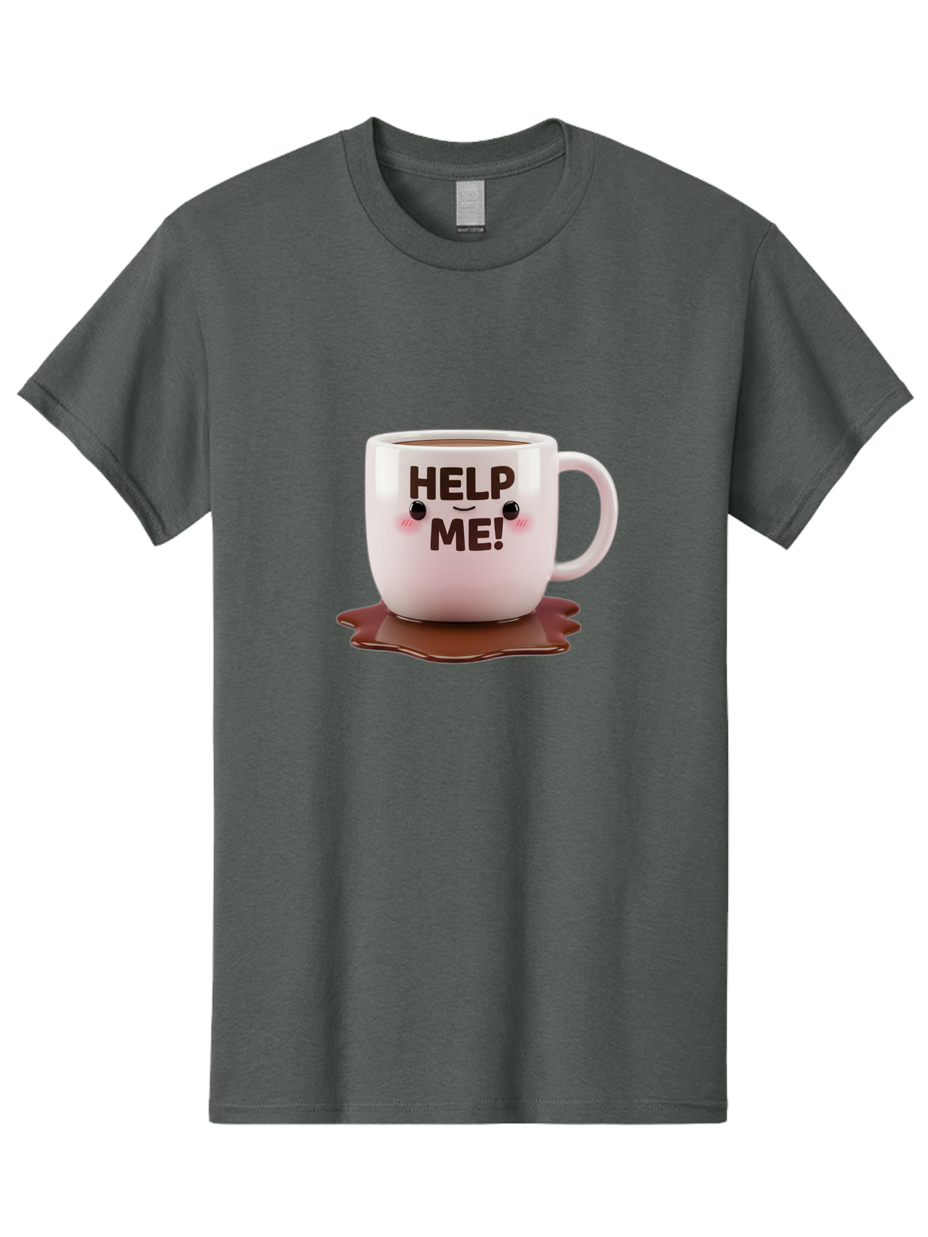 Help-Me-1 Men'S Graphic Tee, 100% Cotton, Comfortable Casual Summer Wear, Machine Washable, Help Me Coffee Mug, Cute Cartoon Design, Coffee Spill, Brown Liquid, Humorous Expression, Adorable Character, Cute Blush Cheeks, Coffee Lover Gift Bac035